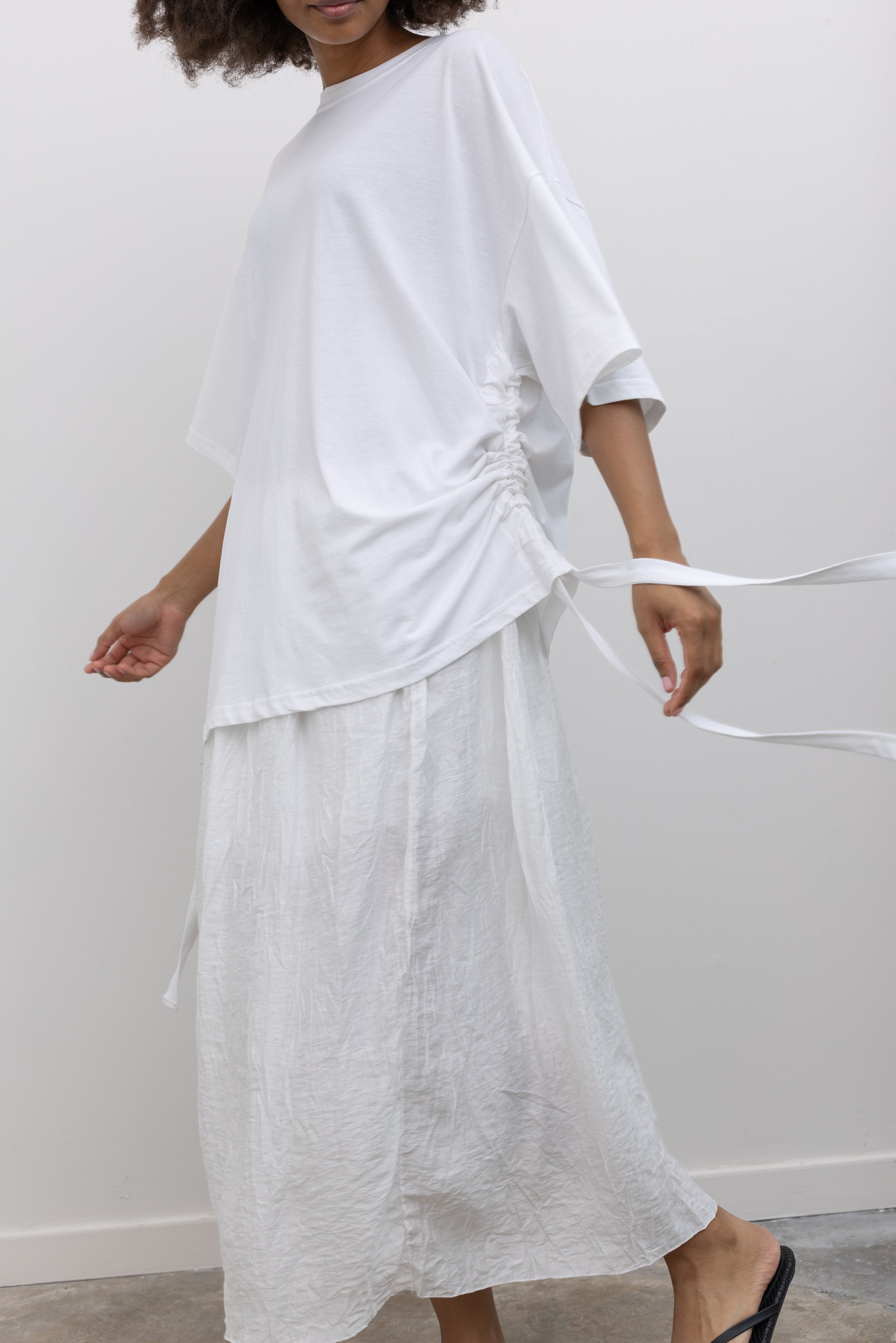 Collective cotton jersey boxy drawstring tee with adjustable ruched silhouette at Alas Eius