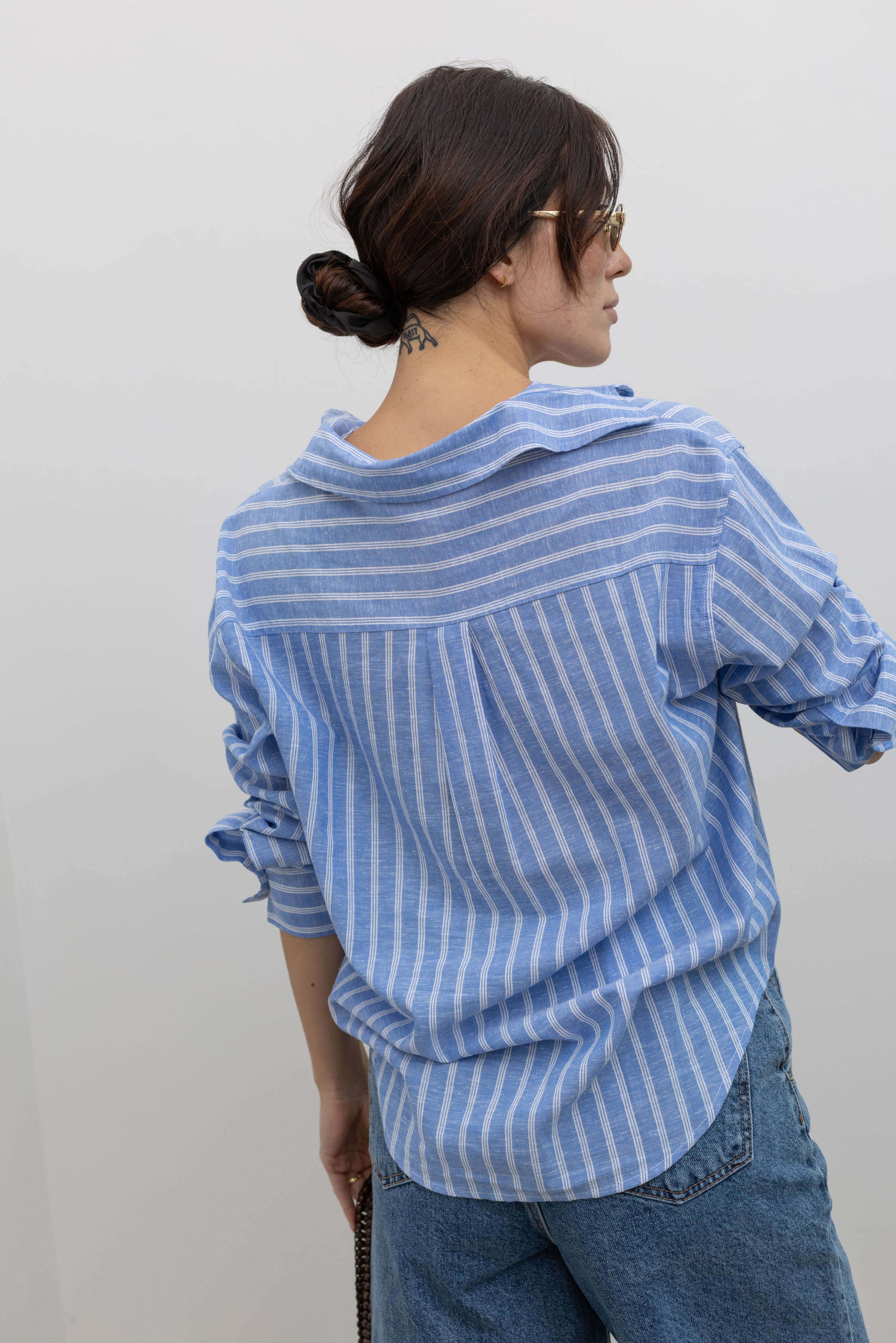 Collective relaxed striped cotton-linen button-down with long sleeves at Alas Eius