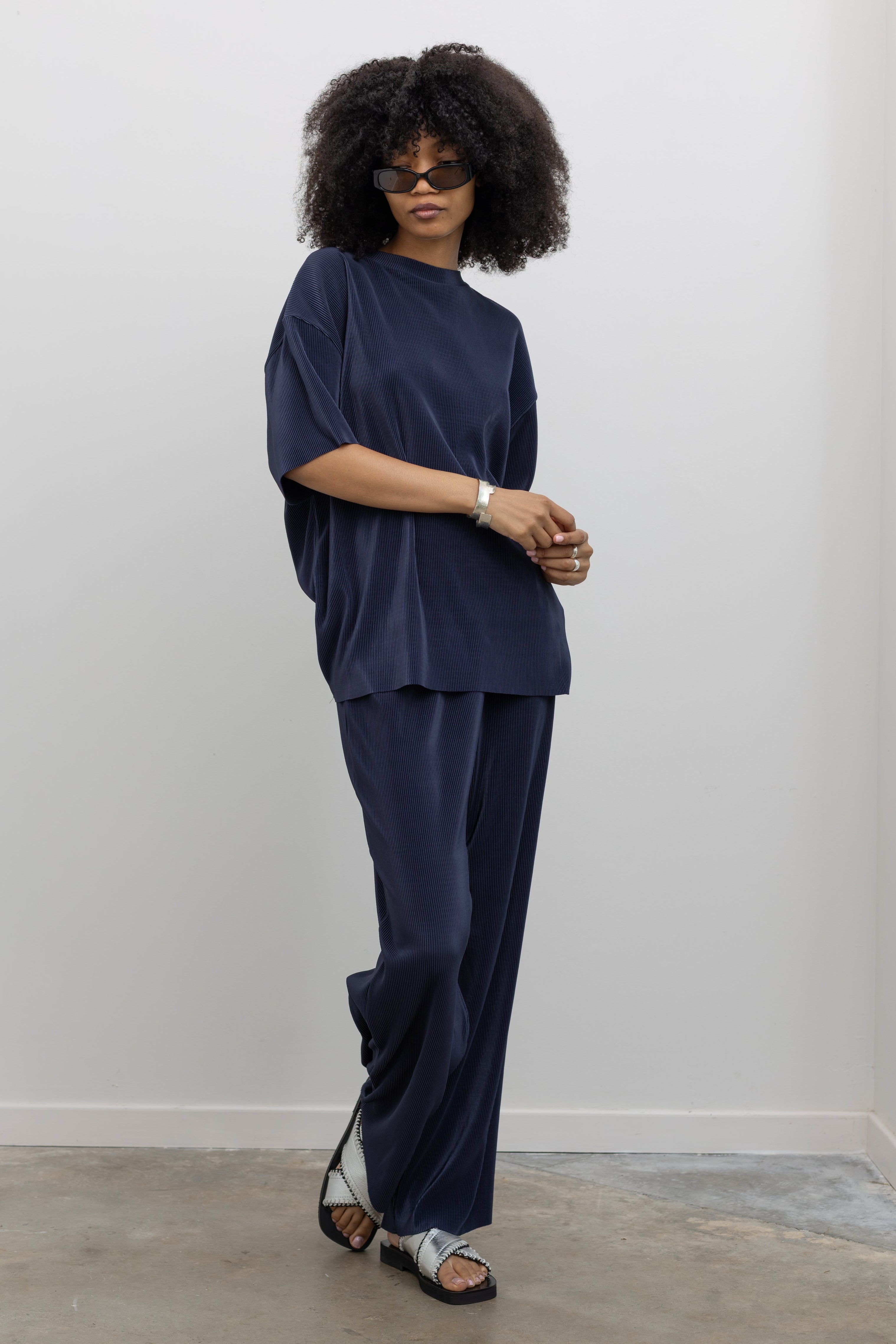 Collective dark navy straight wide-leg pleated pants at Alas Eius