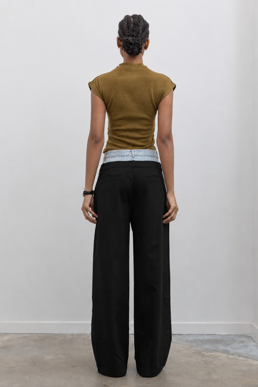 Collective statement double pant design featuring denim and tailored trousers paired with a matching jacket for a chic coordinated look at Alas Eius