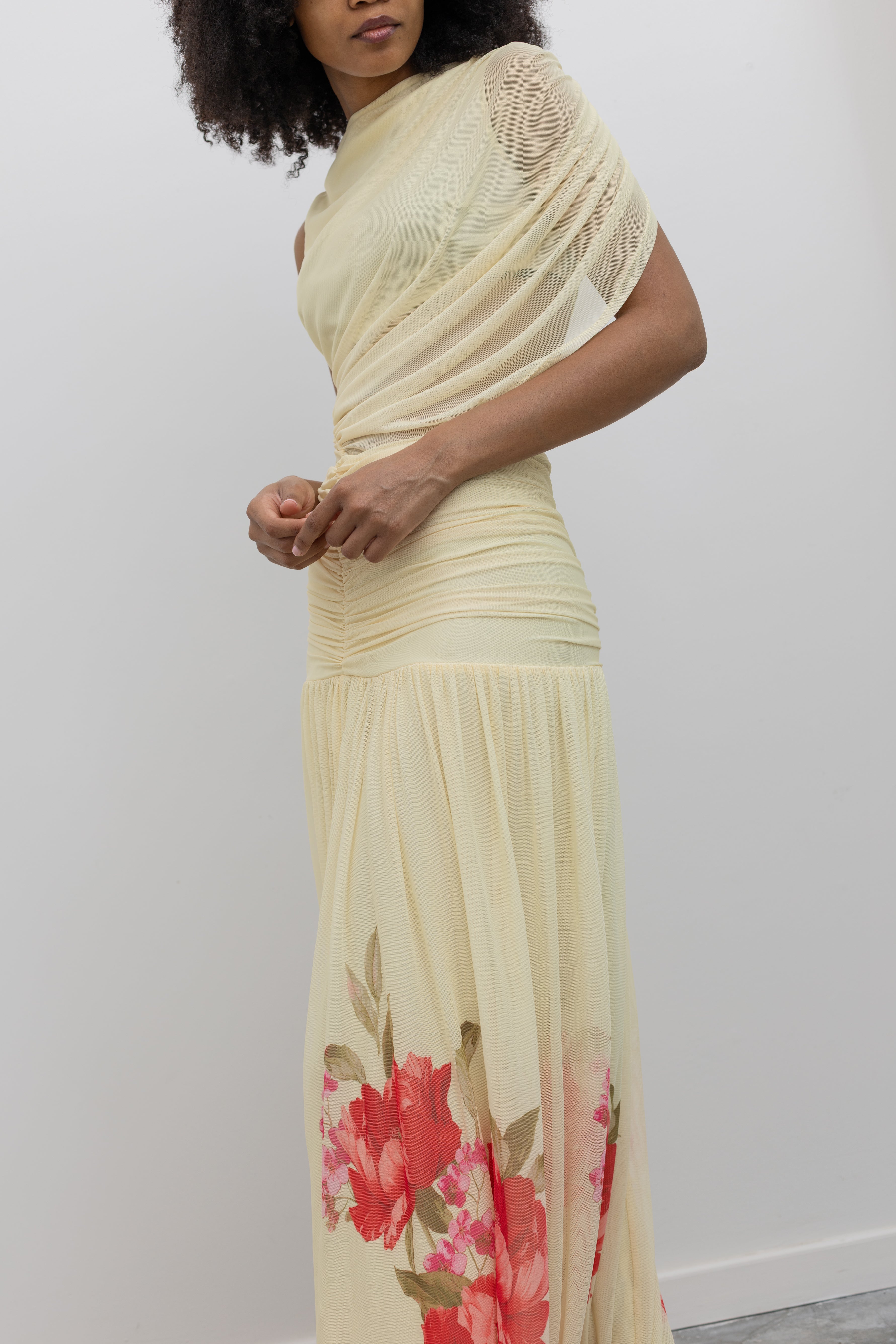 Collective elegant maxi dress with gathered waist and painterly floral print at Alas Eius