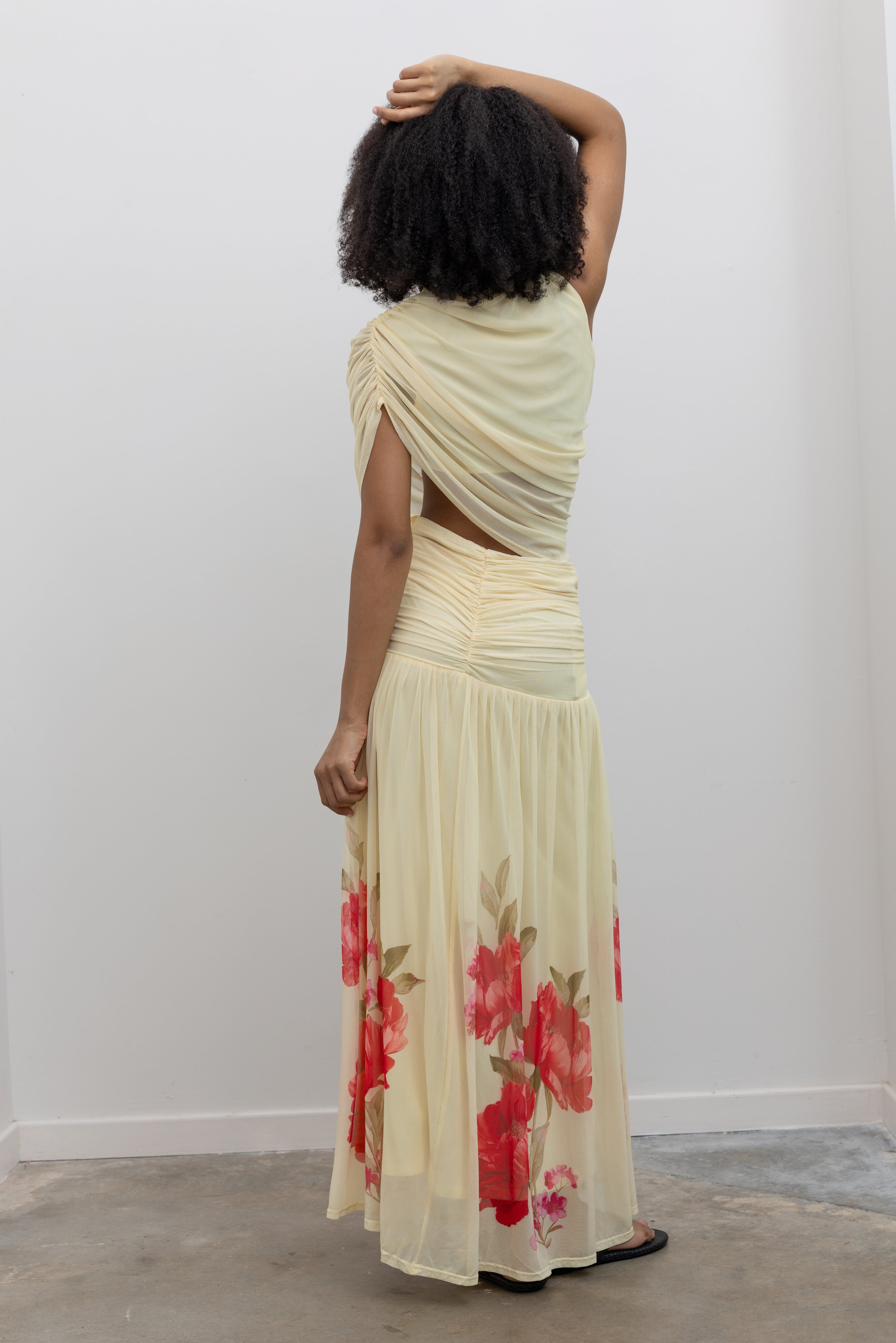 Lemon Floral Hem Draped Maxi Dress S