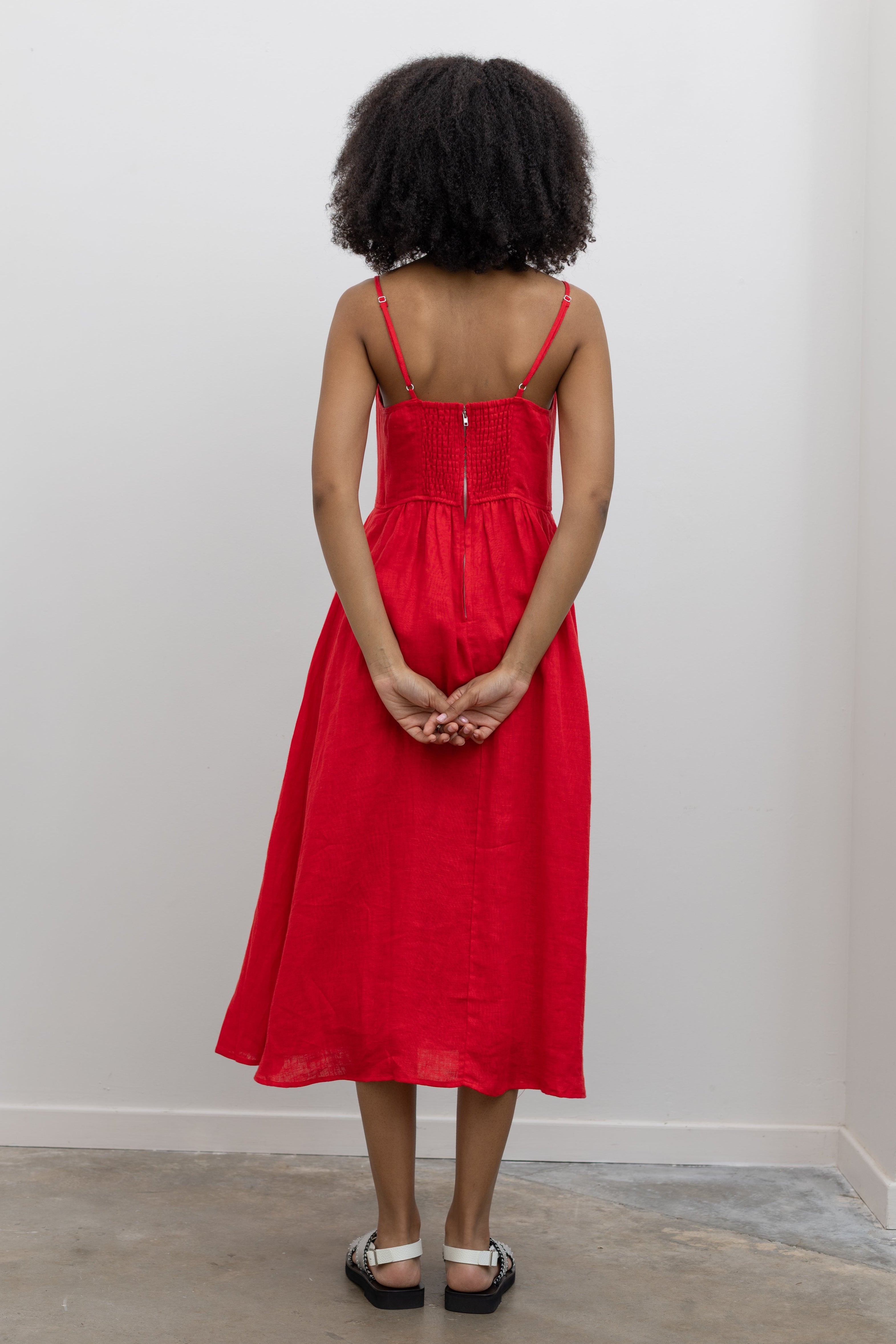 Collective Relaxed Linen Midi Dress with Soft V Neck at Alas Eius
