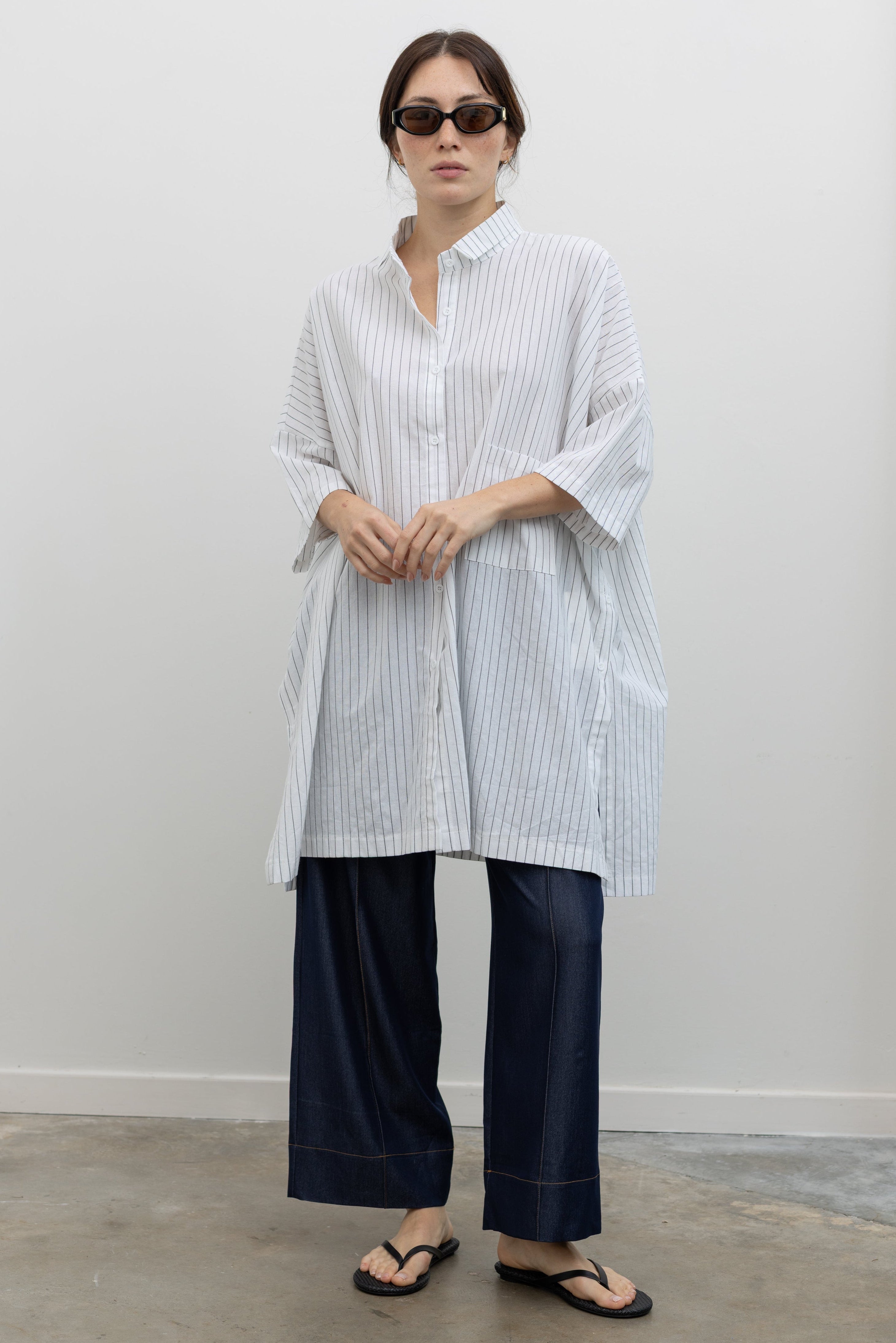 Collective longline linen blend shirt with vertical pinstripes and side slits at Alas Eius