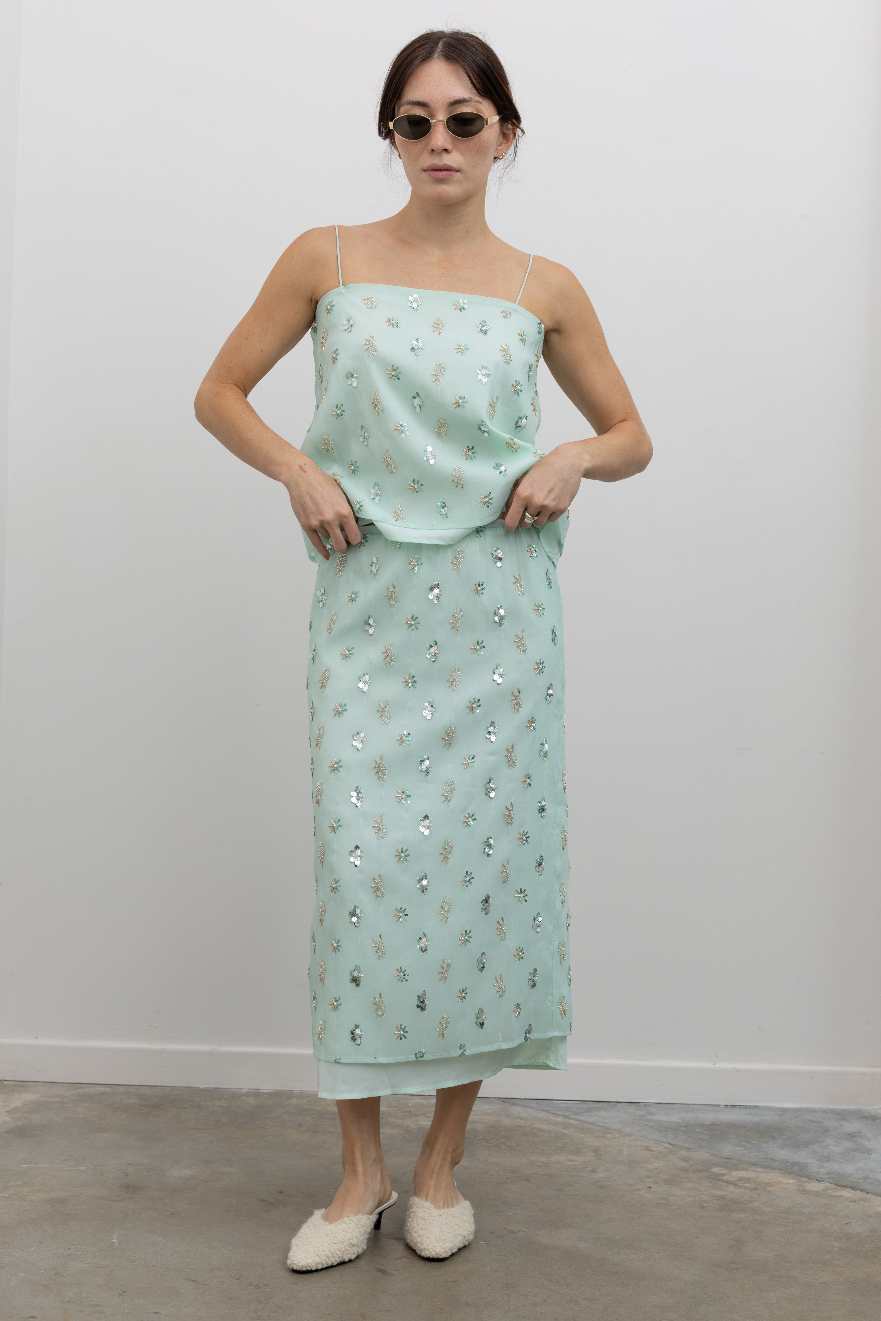 Collective Mint Column Skirt with Shimmering Jewel Embellishments at Alas Eius
