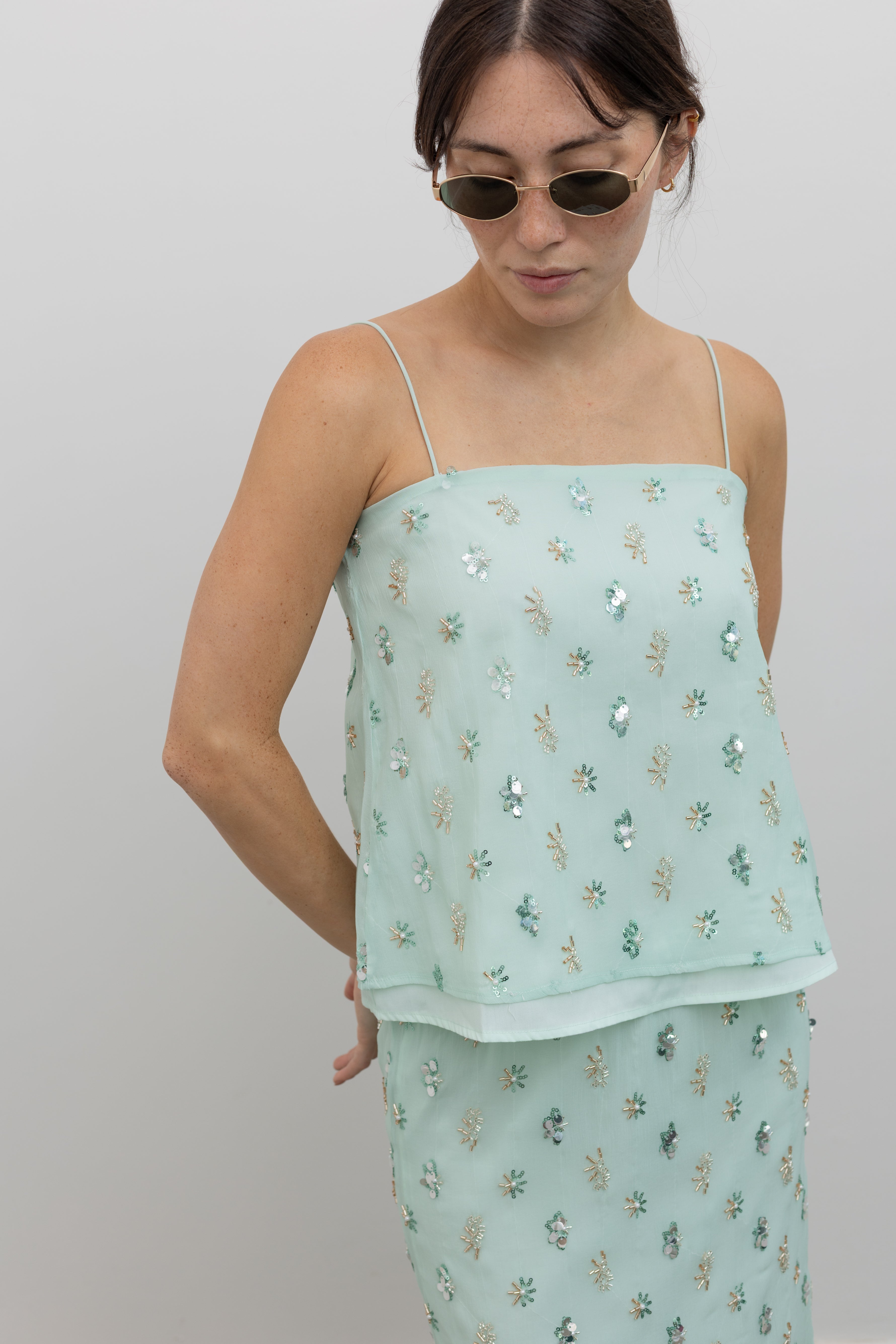 Collective Mint Double Layer Camisole with Floral Sequin Embellishment at Alas Eius