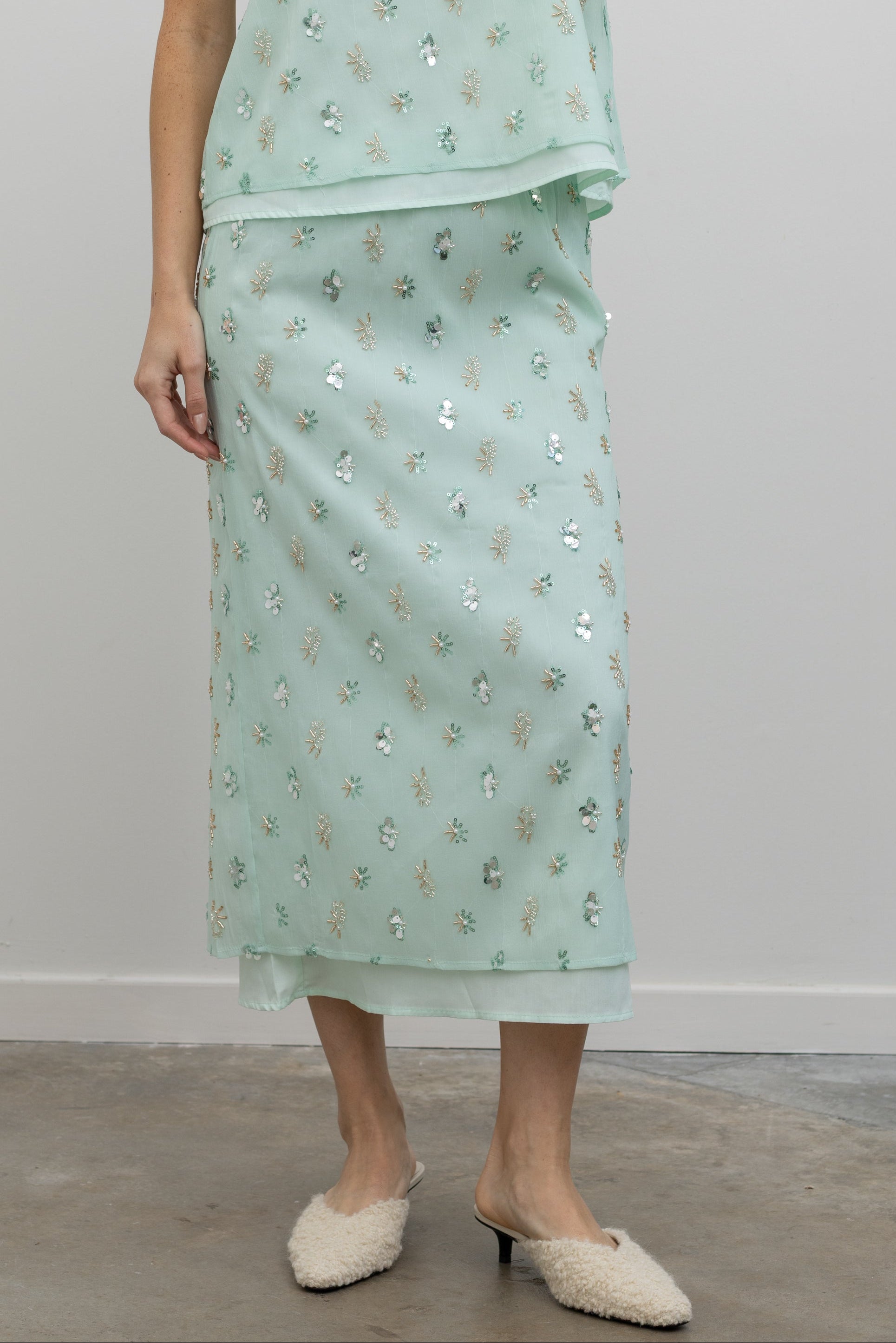 Collective Mint Embellished Midi Skirt with Column Silhouette at Alas Eius