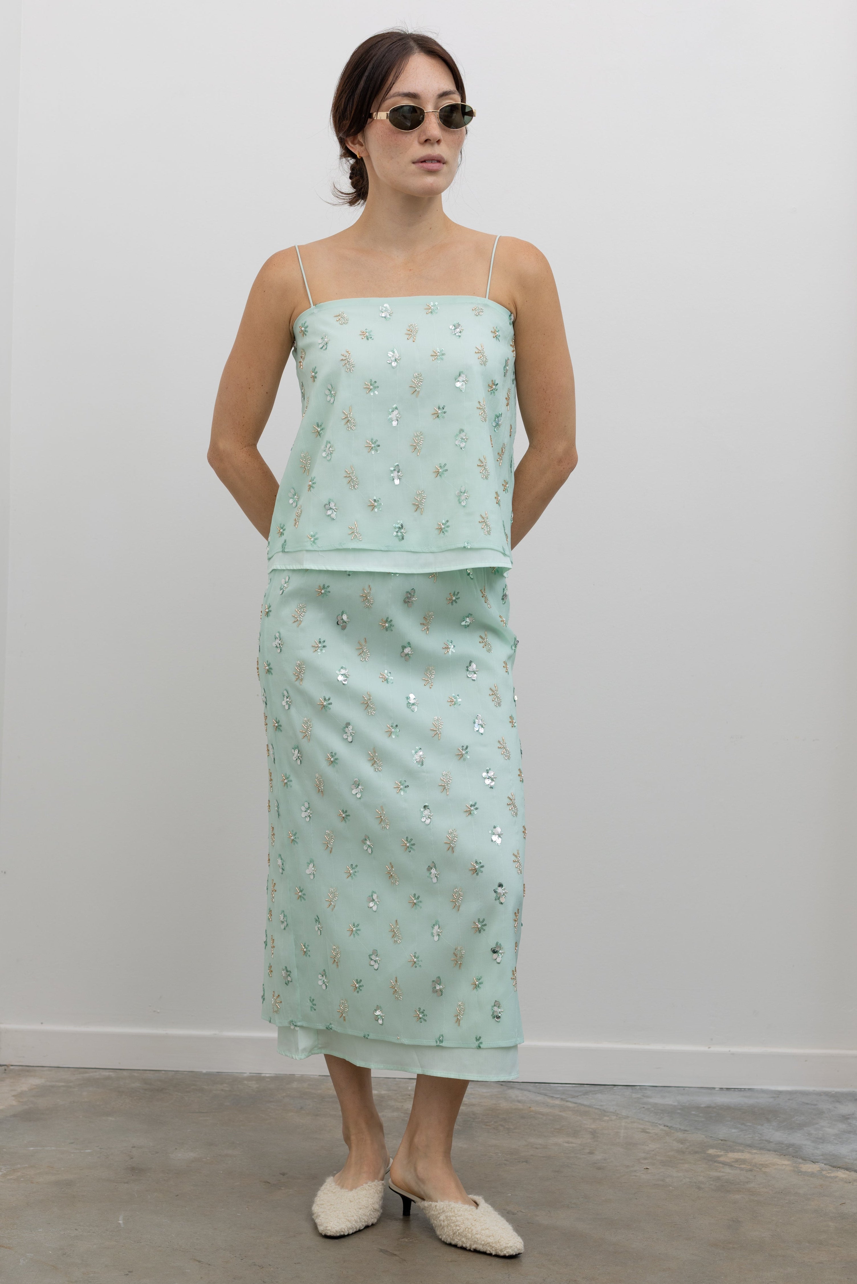 Collective Mint Sequin Camisole with Coordinating Midi Skirt Set at Alas Eius