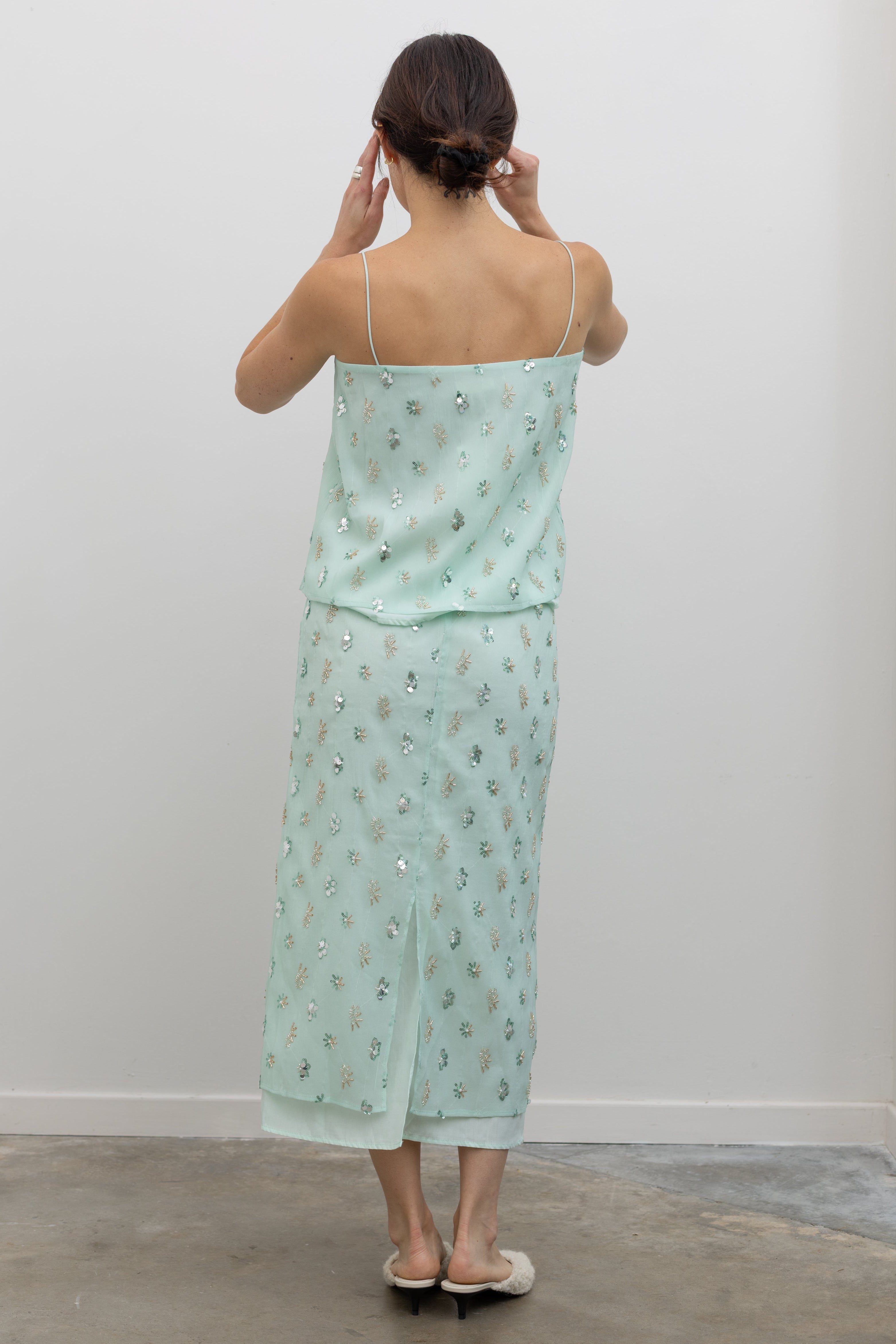 Collective Mint Sequin Midi Skirt with Double Layer Hem at Alas Eius
