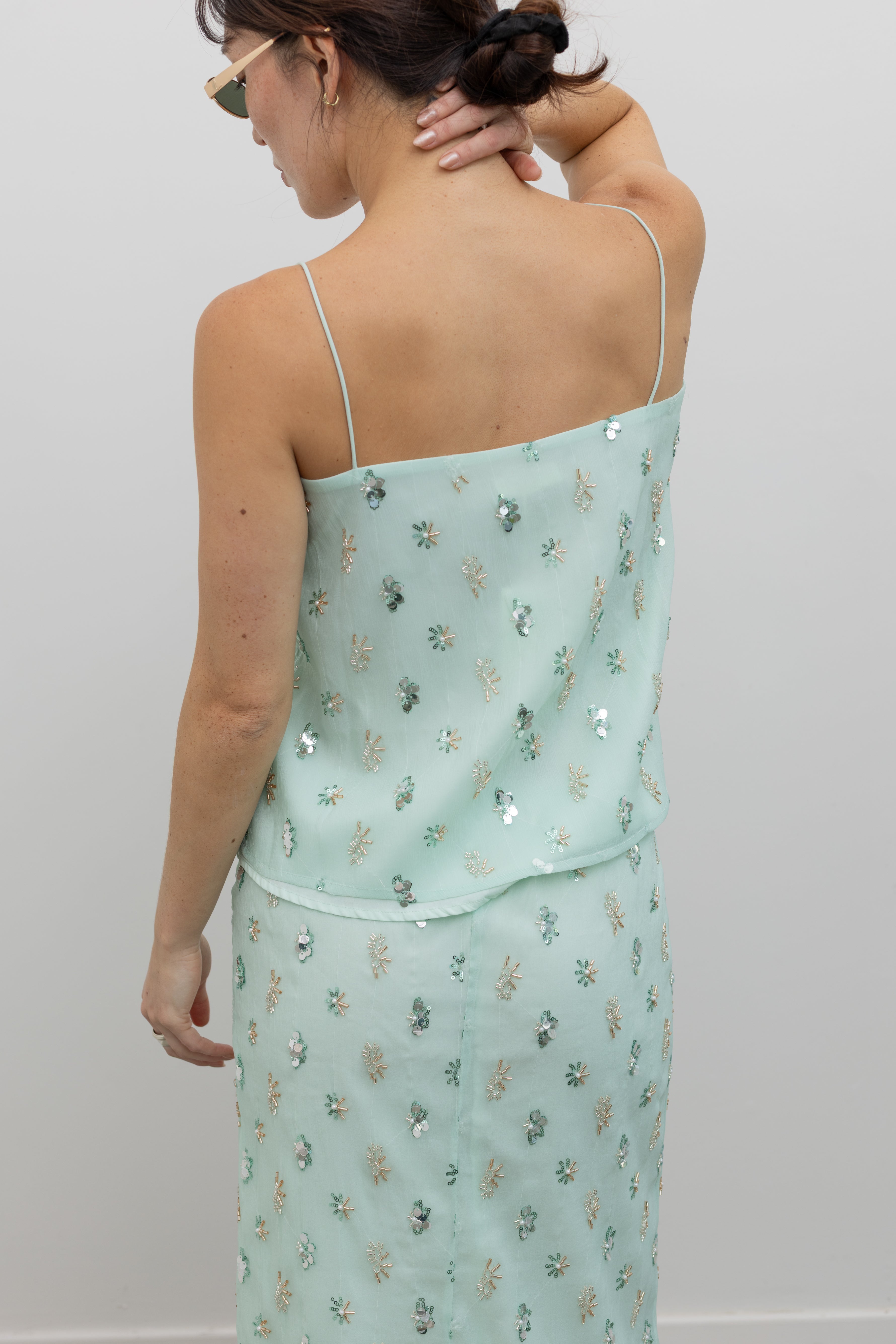 Collective Mint Spaghetti Strap Camisole with Hand Stitched Sequins at Alas Eius