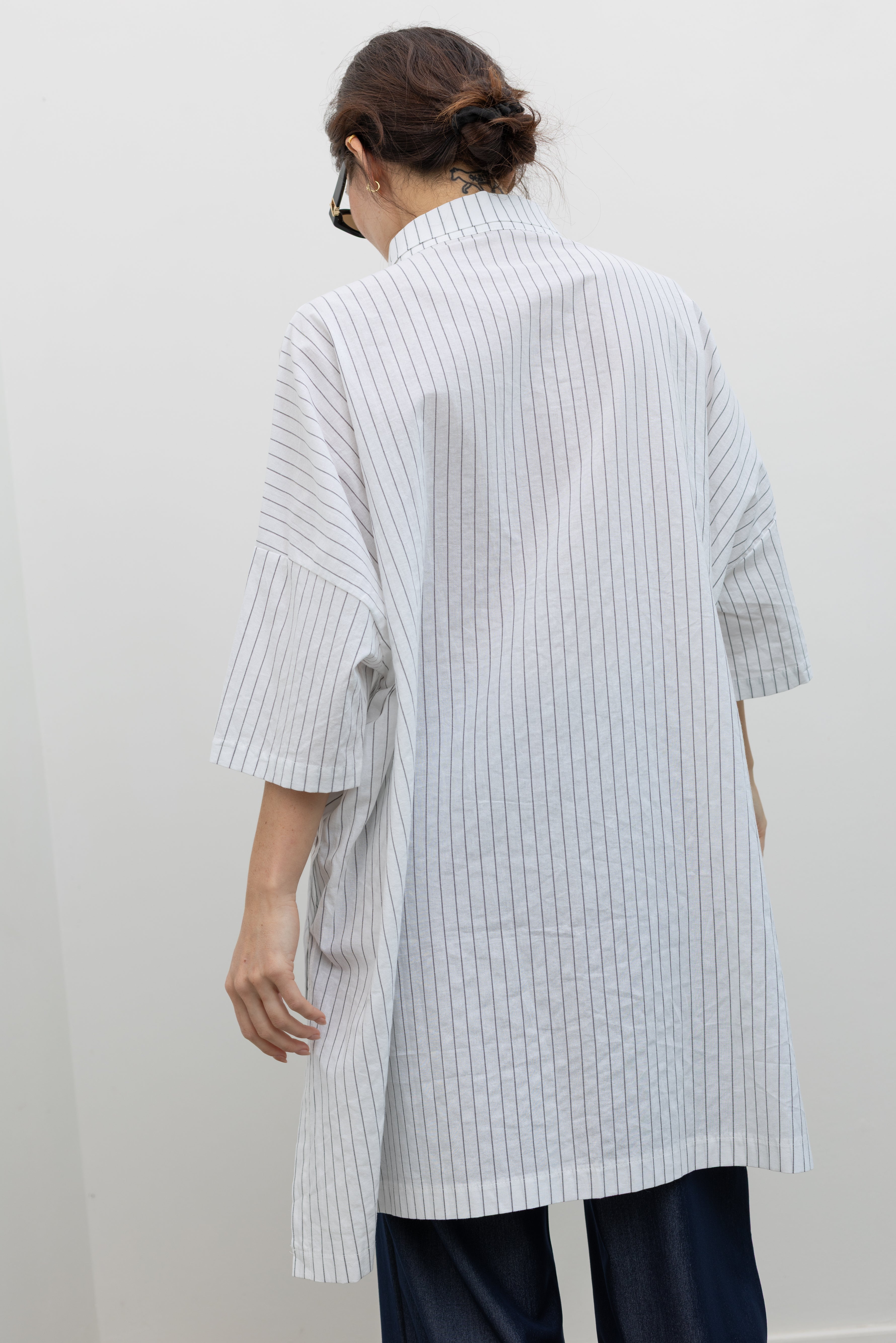 Collective modern pinstripe longline shirt with dropped shoulders and airy silhouette at Alas Eius