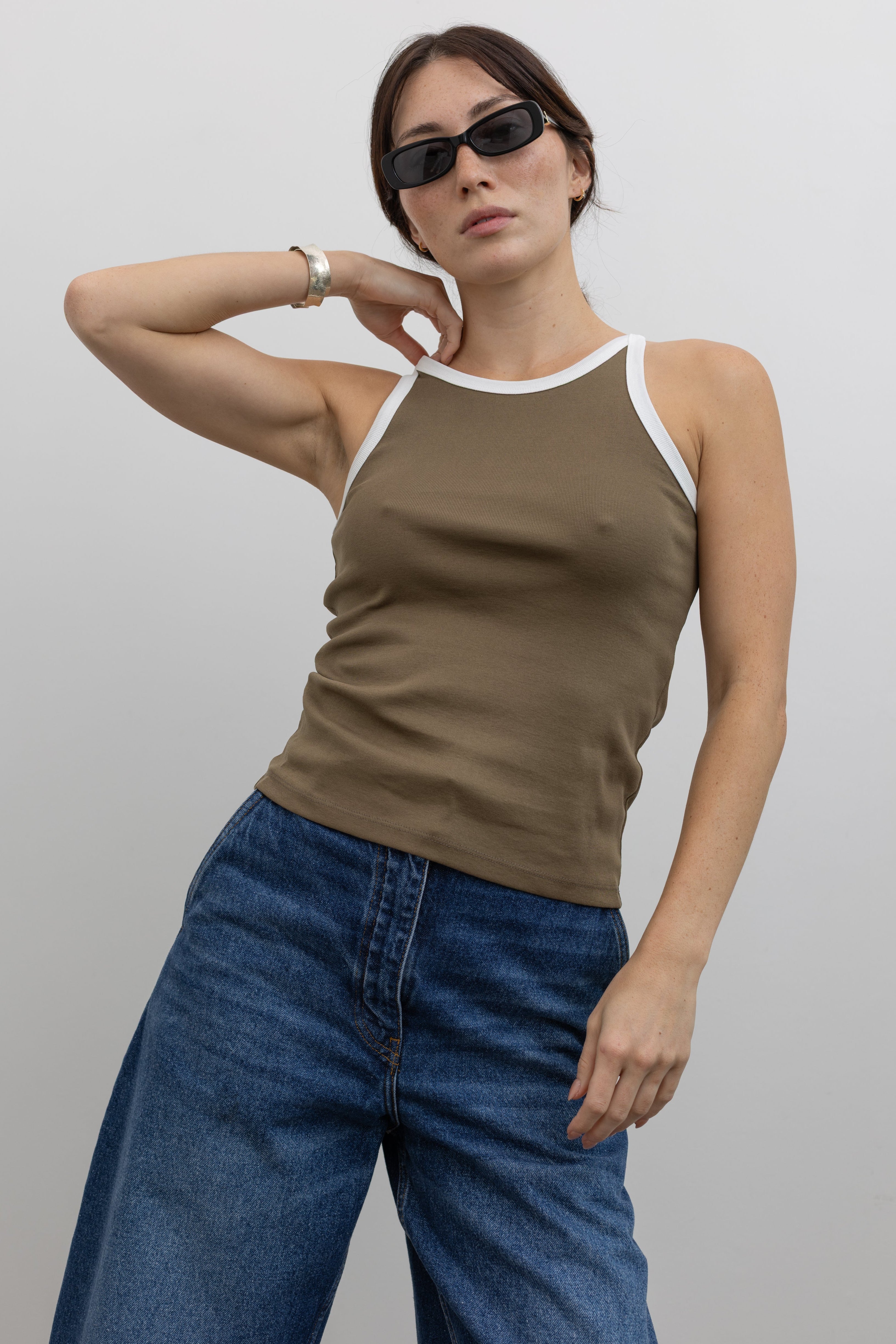 Collective Olive Contrast Trim Rib Tank styled with denim at Alas Eius