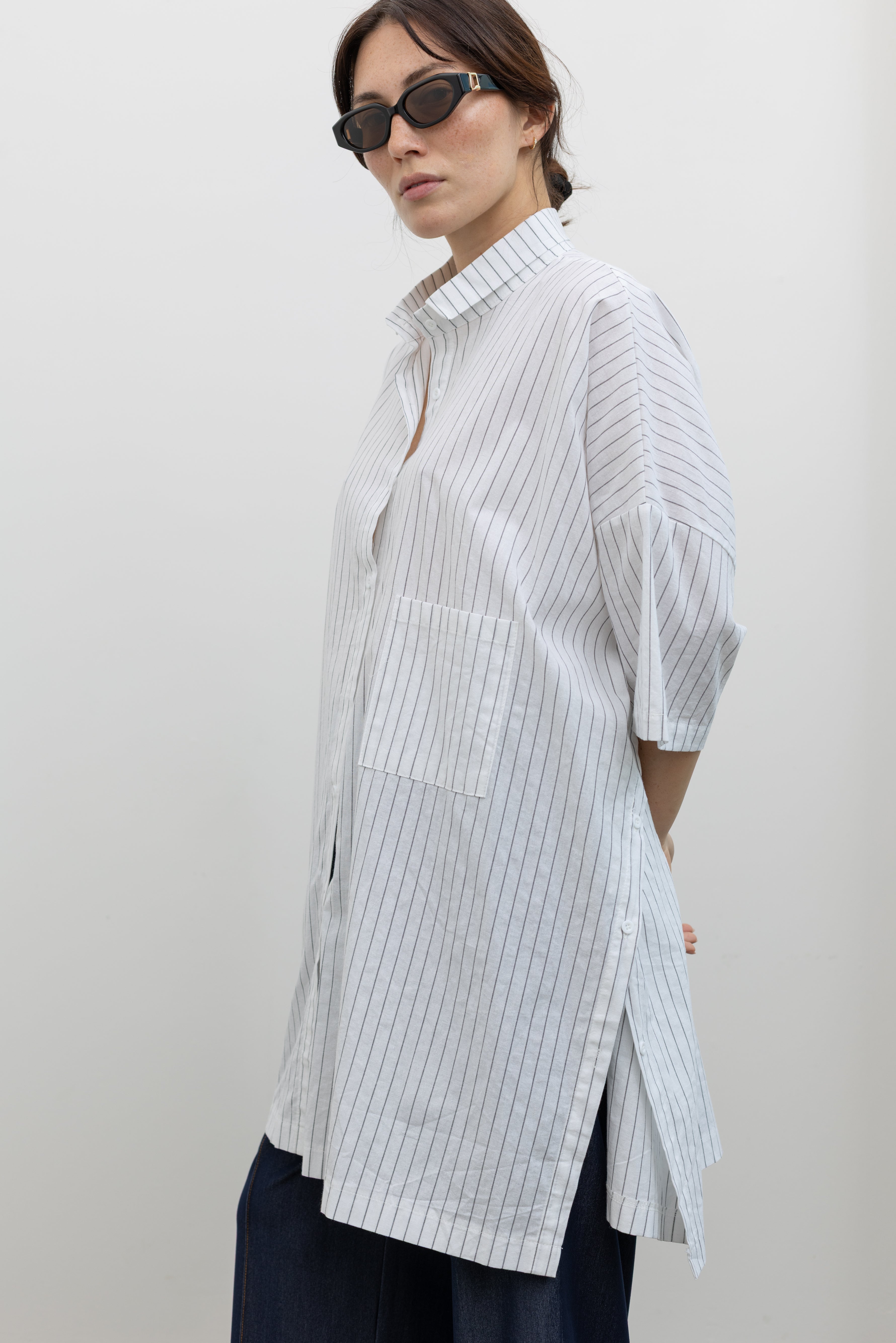 Collective oversized linen blend pinstripe tunic shirt with dropped shoulders at Alas Eius