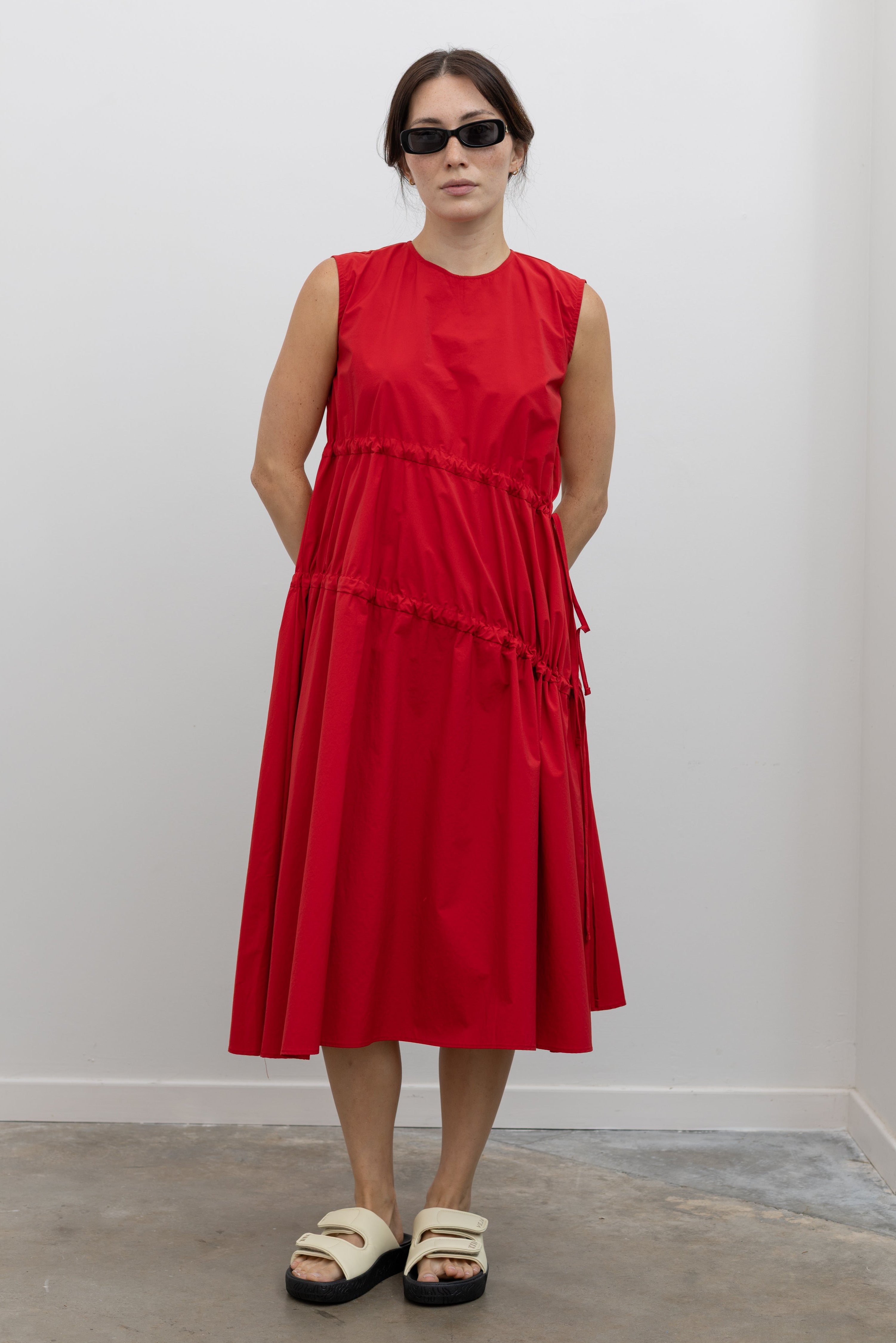 Collective Bright Red Cotton Midi Dress with Ruched Bodice and Skirt at Alas Eius