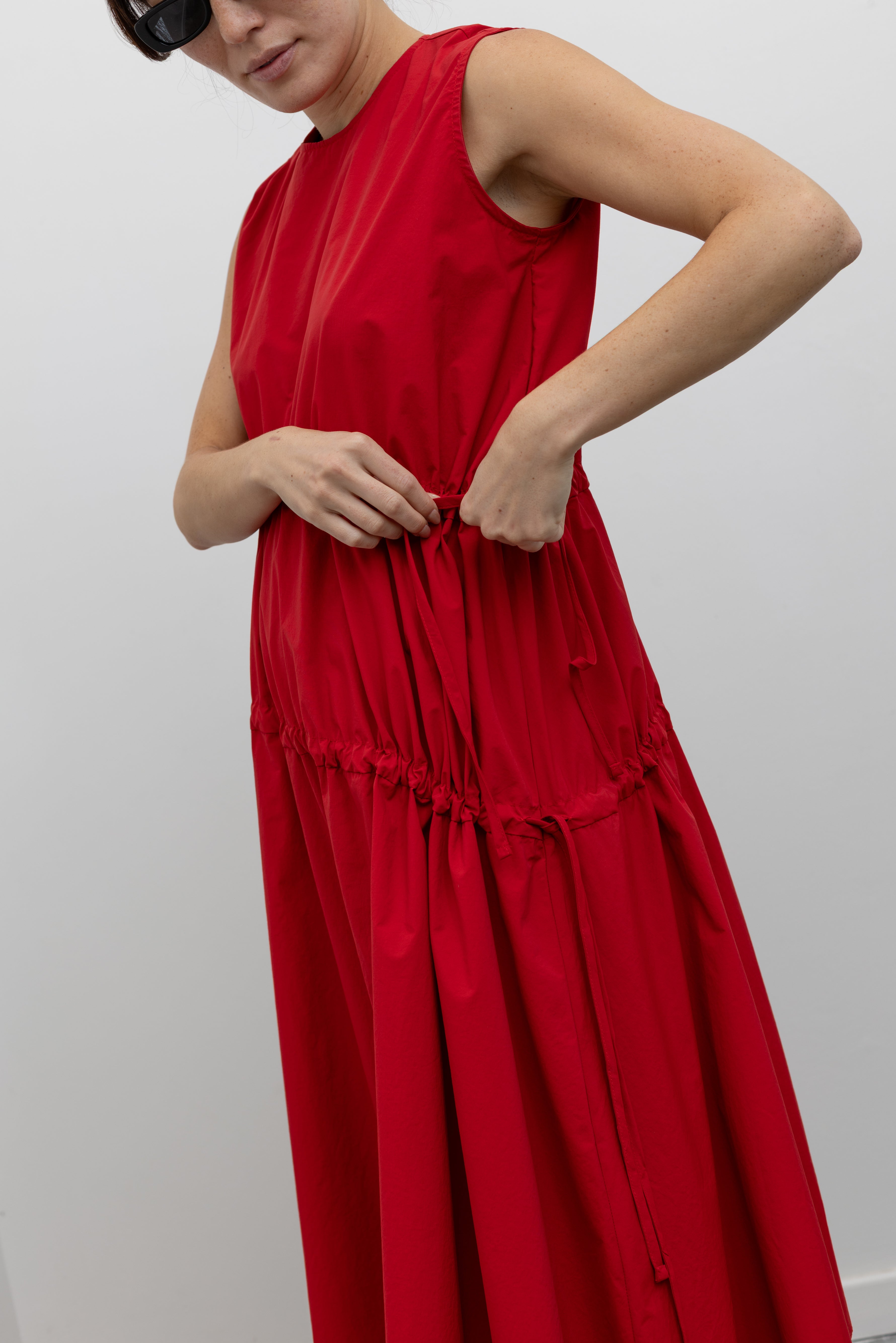 Collective Red Midi Dress with Gathered Side Ties and Cotton Poplin Finish at Alas Eius