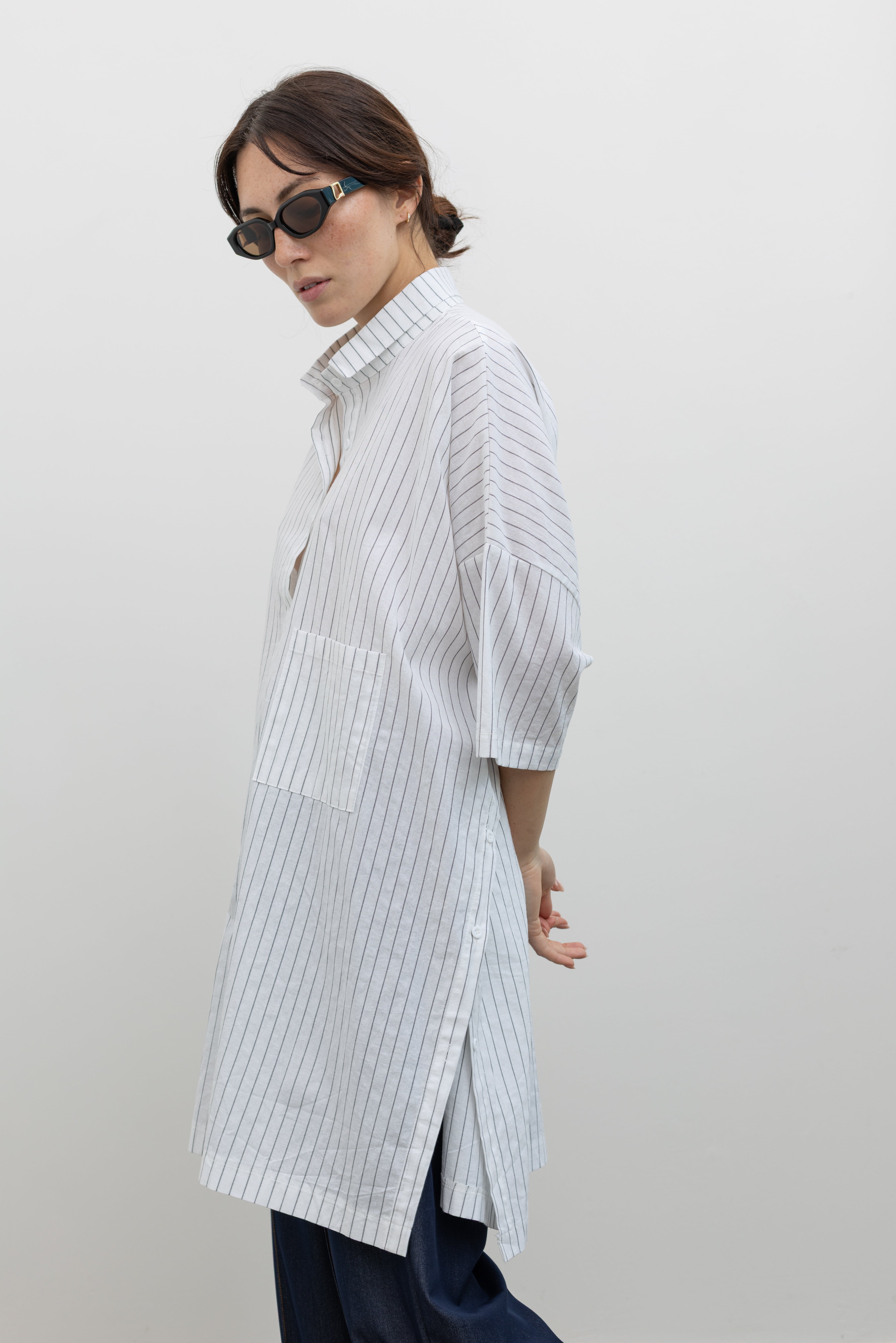 Collective relaxed linen blend tunic shirt with button side slits and striped design at Alas Eius