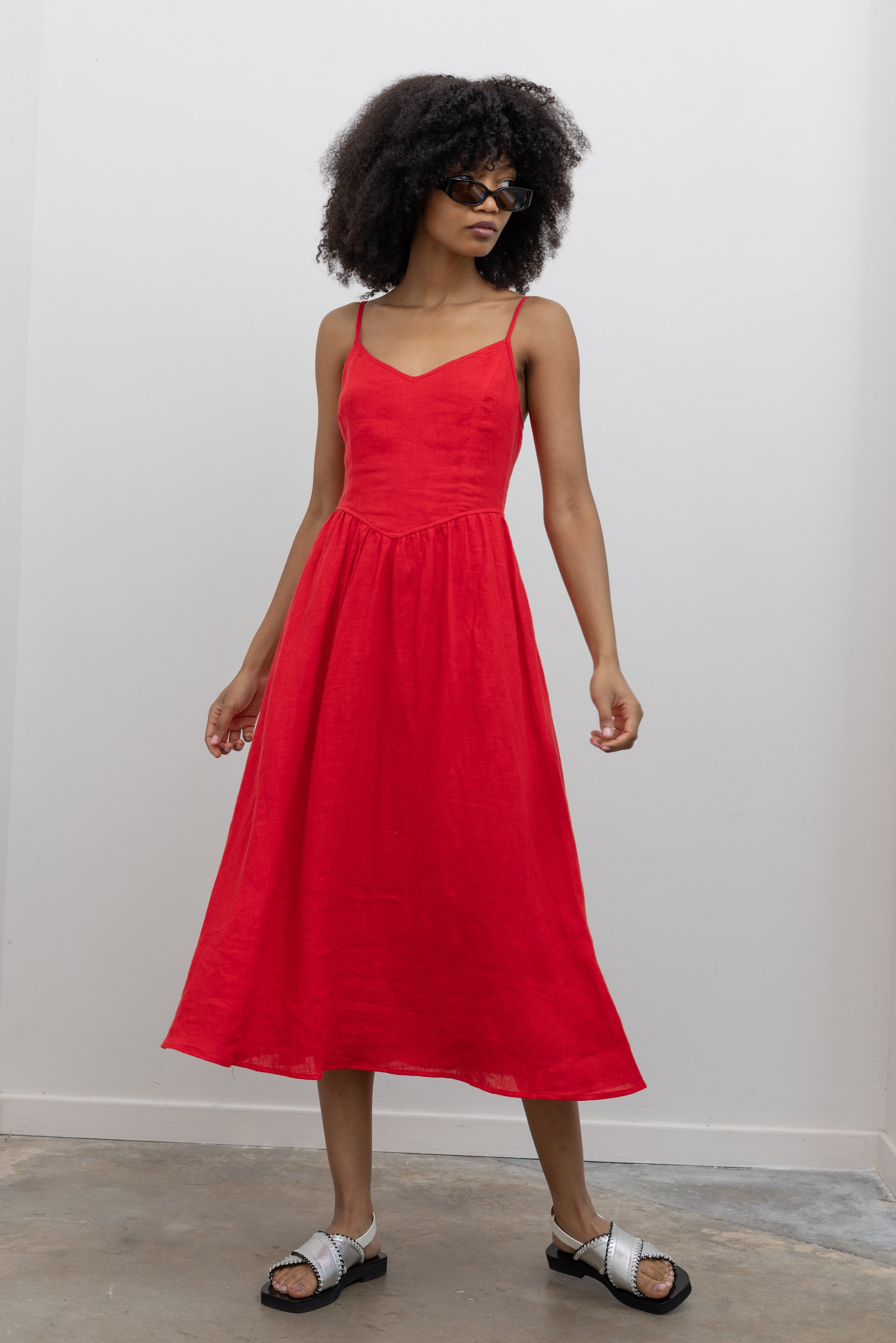 Collective Linen Midi Dress with Smocked Bodice and Adjustable Straps at Alas Eius