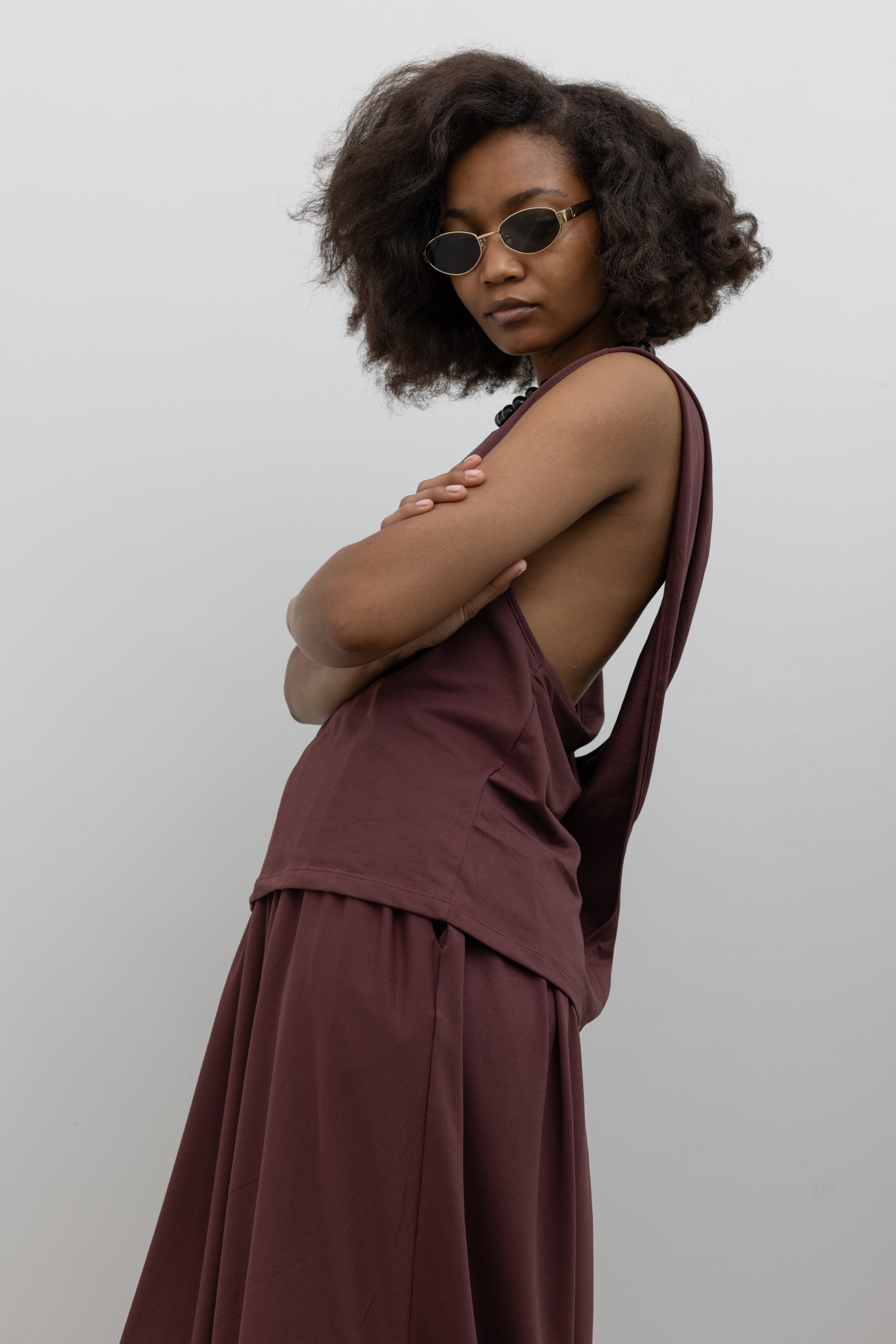 Collective sleeveless cotton top with fluid cowl back and clean front at Alas Eius