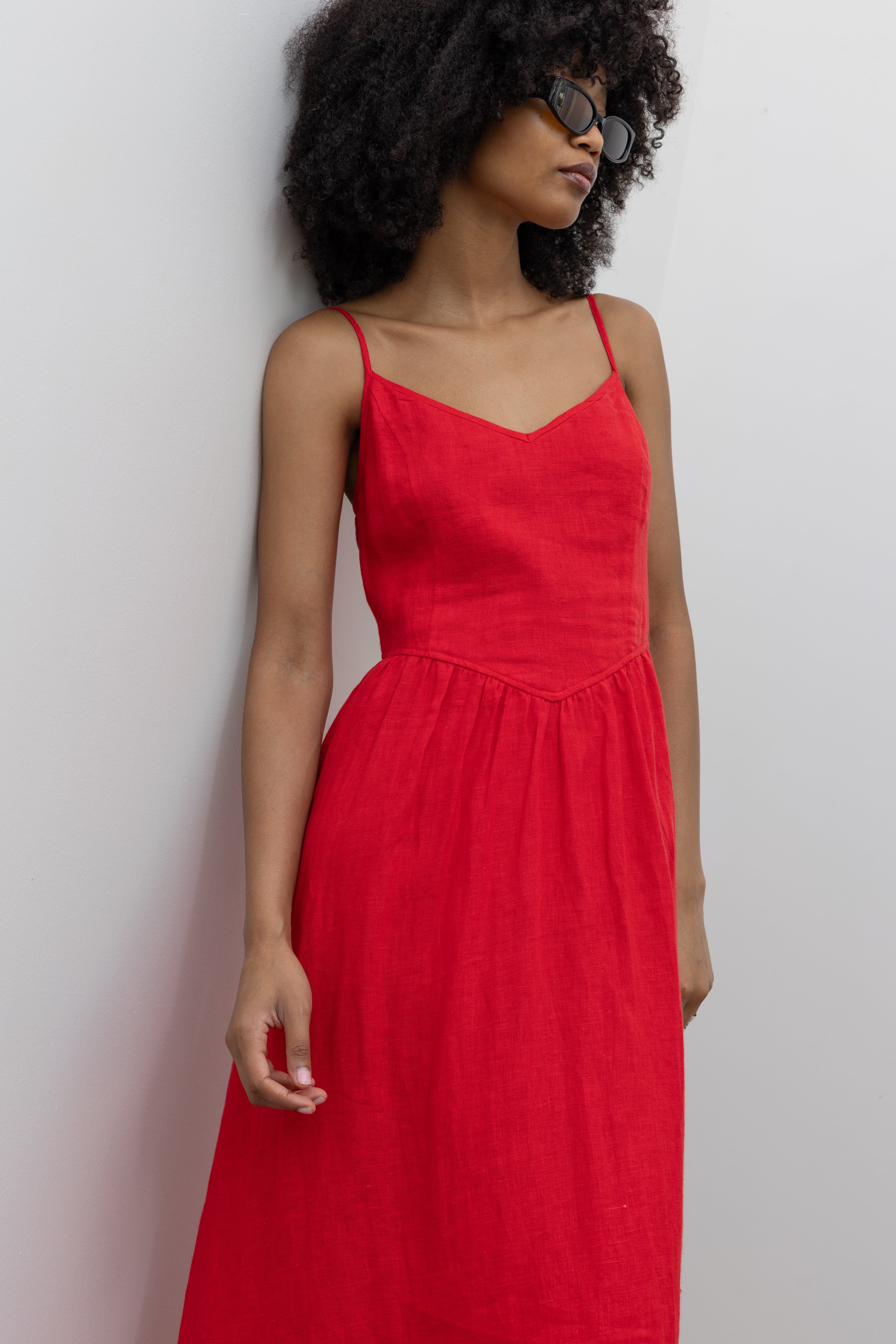 Collective Sleeveless Linen Midi Dress with Smocked Detail at Alas Eius