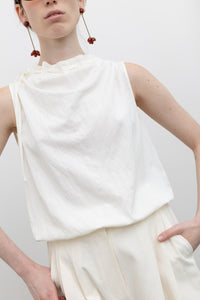Off White Cinched Mock Neck Sleeveless Top