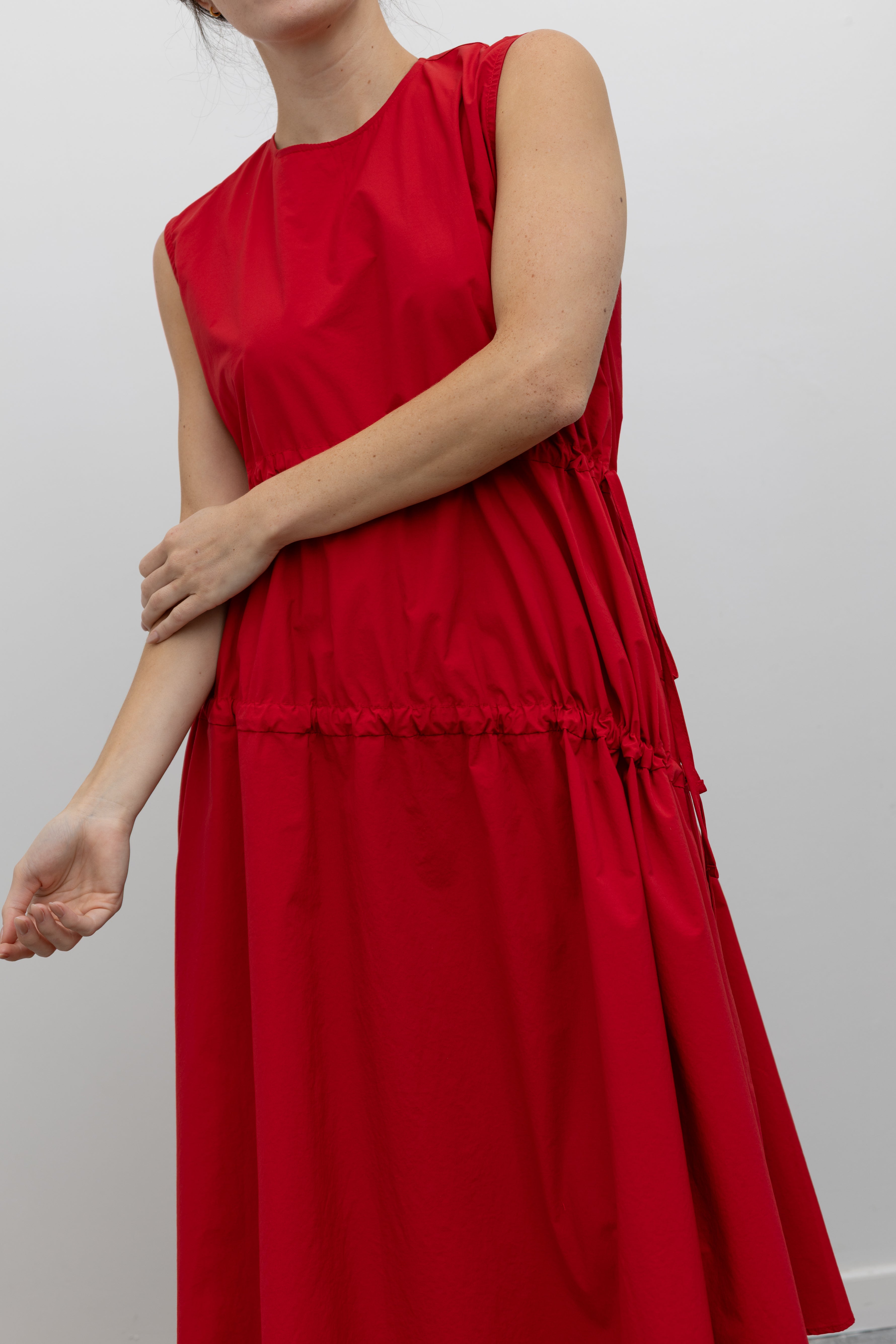 Collective Red Ruched Cotton Poplin Midi Dress with Adjustable Side Ties at Alas Eius