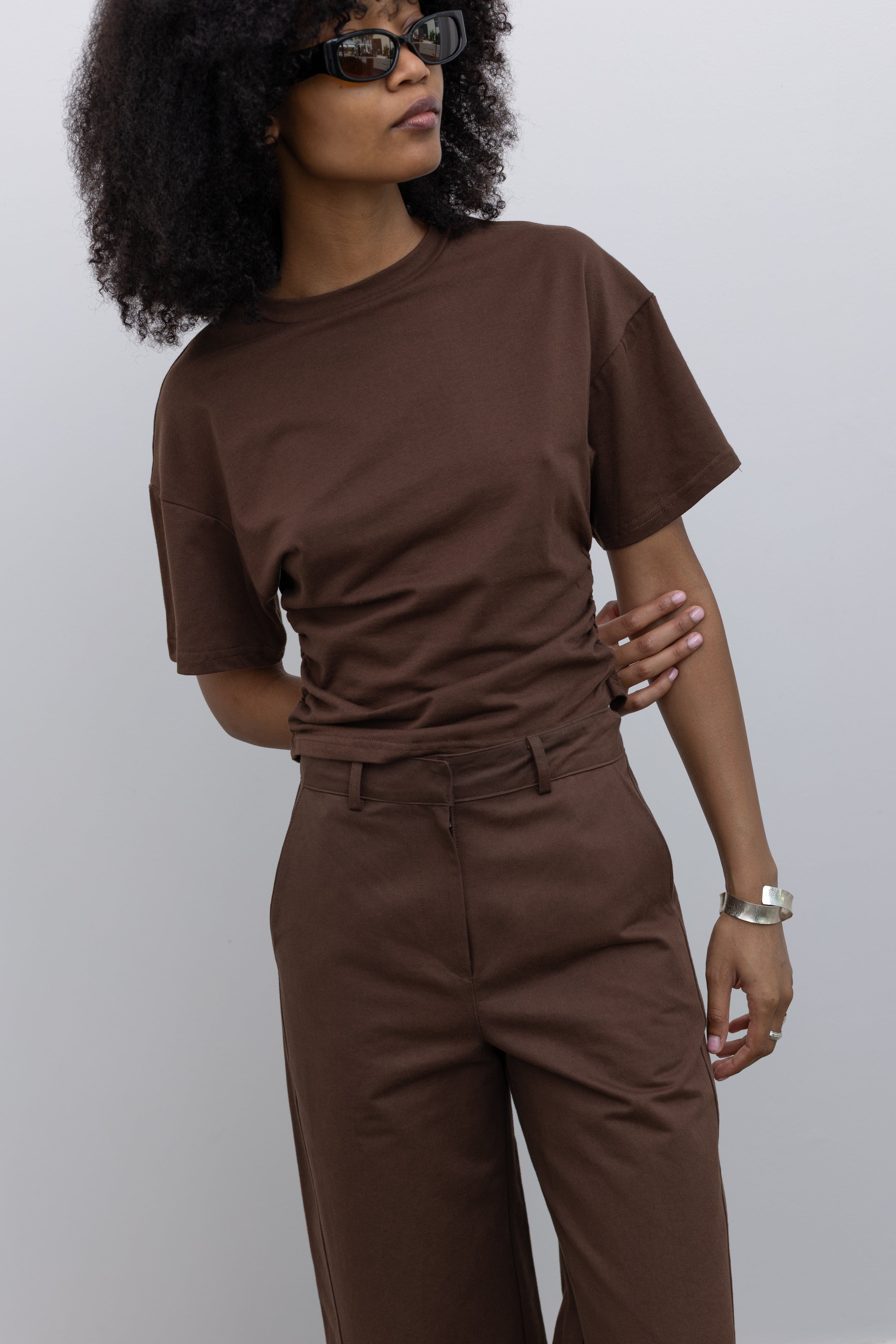 Collective slim-fit ruched crop top with sculptural side gathering and drop shoulders at Alas Eius