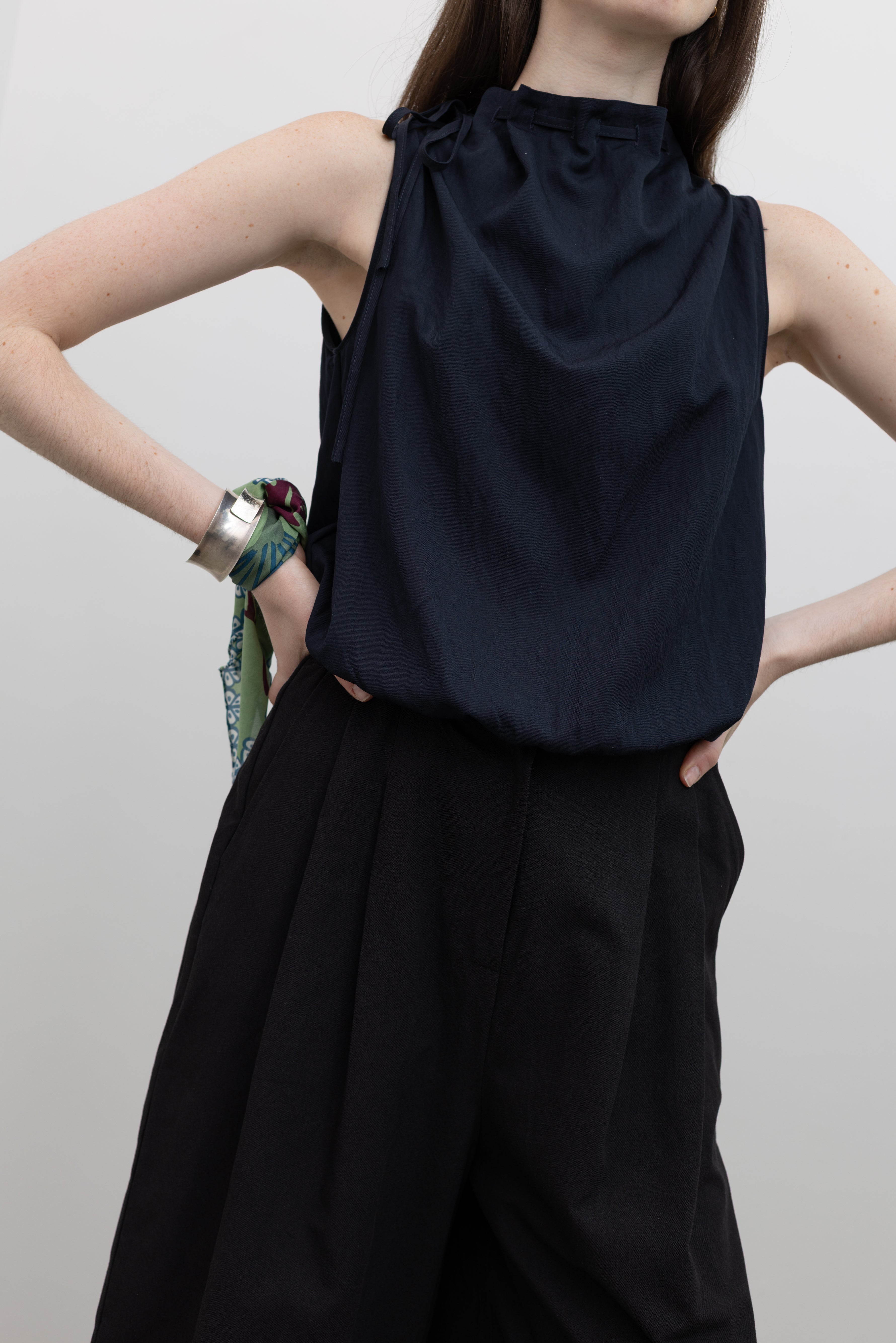 Dark Navy Cinched Mock Neck Sleeveless Top – alas eius
