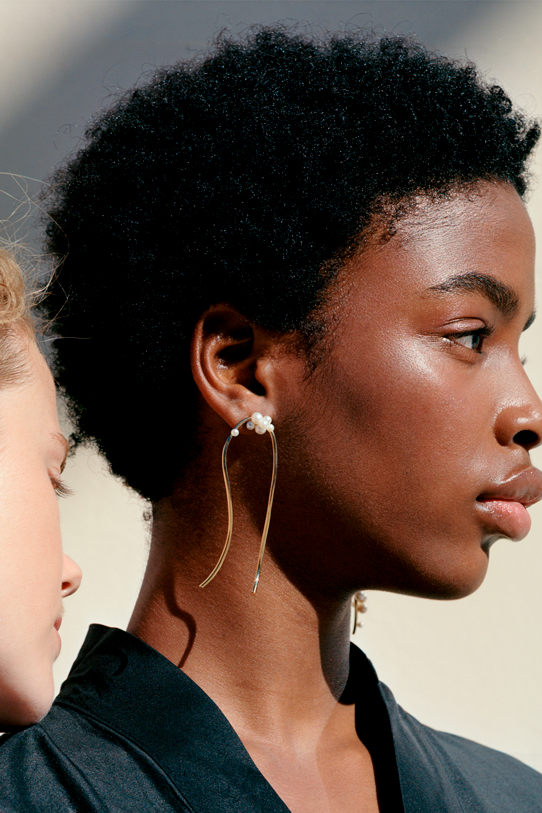 Completed Works handcrafted Wild Relatives earrings in recycled sterling silver with 14ct yellow gold vermeil and freshwater pearls at Alas Eius
