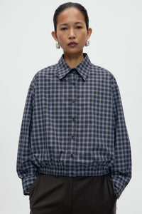 Navy And Orange Checked Bomber Shirt