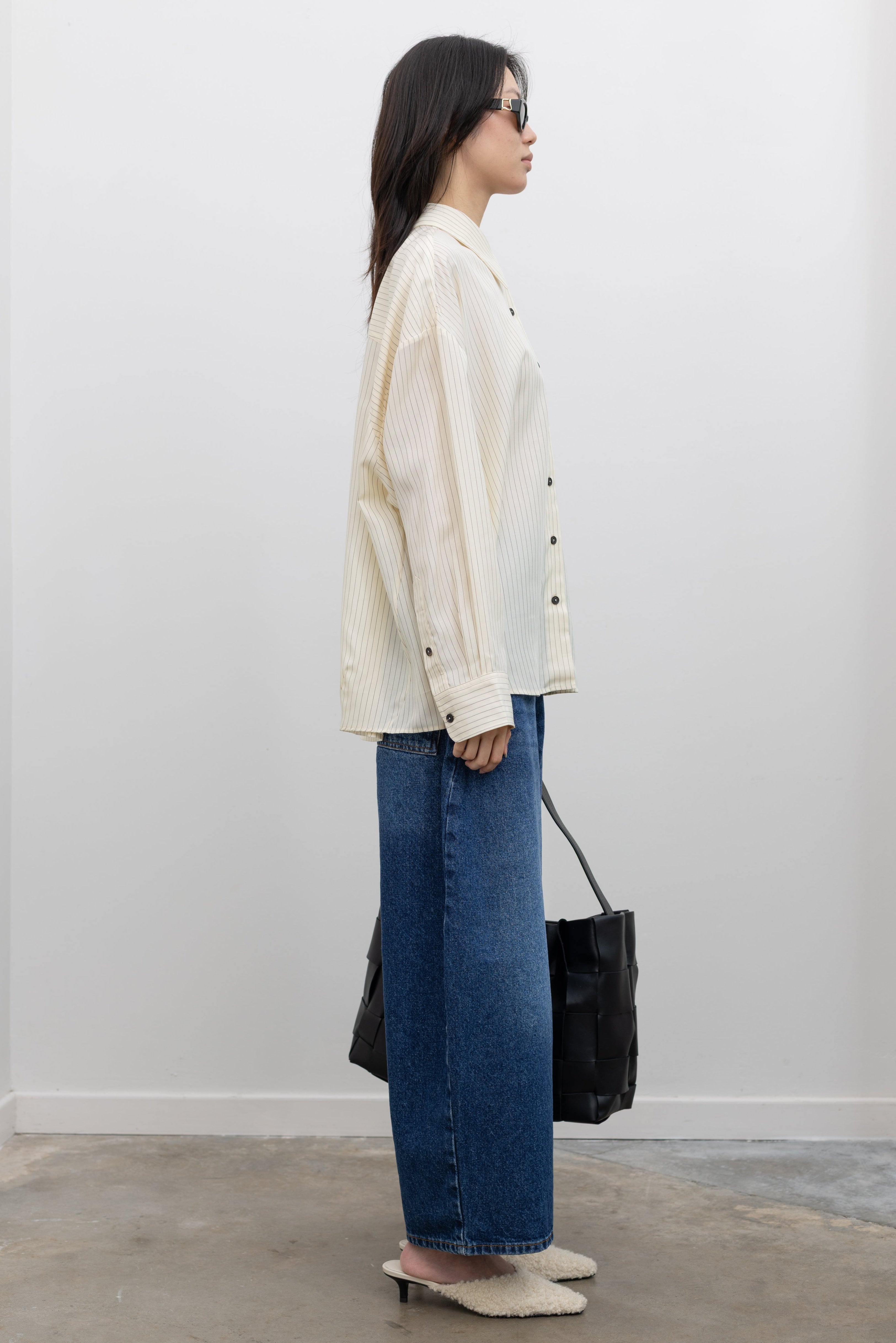 Cordera pencil stripe button-down shirt featuring relaxed luxury and modern women's ready-to-wear fashion at Alas Eius