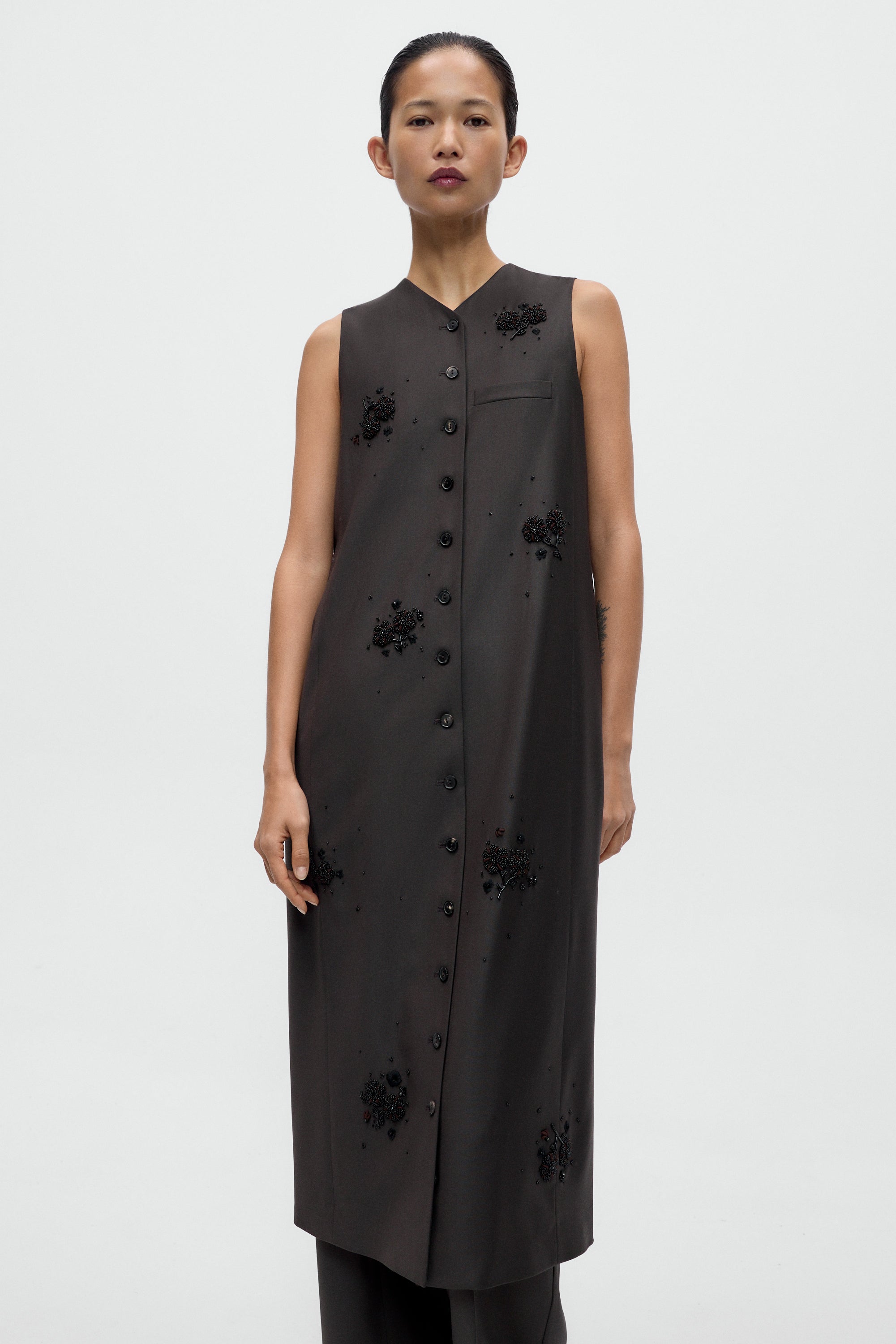 Cordera Pre-Fall 2026 Long Tailored Dress with V-Neck and Button Front at Alas Eius