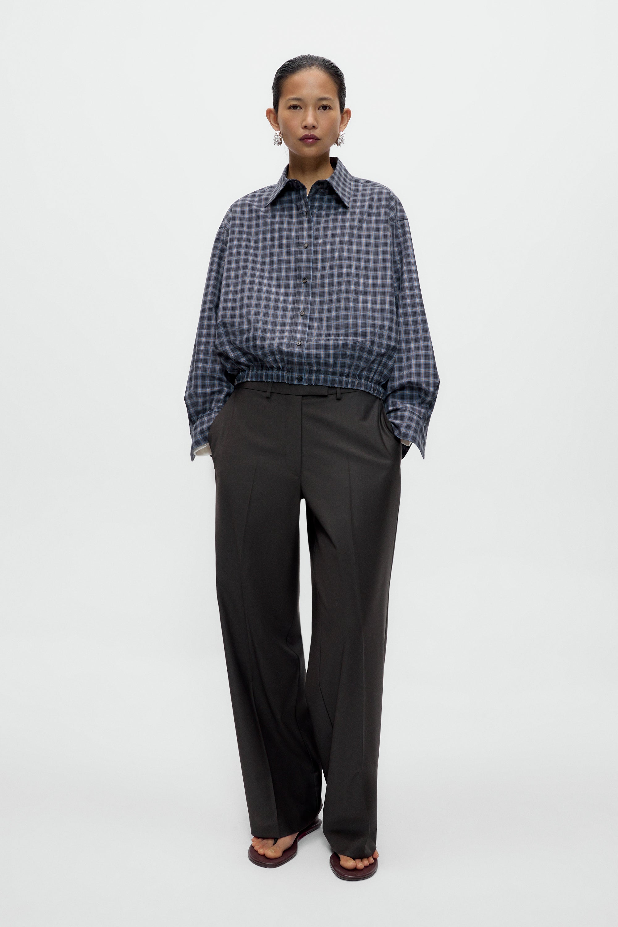 Navy And Orange Checked Bomber Shirt