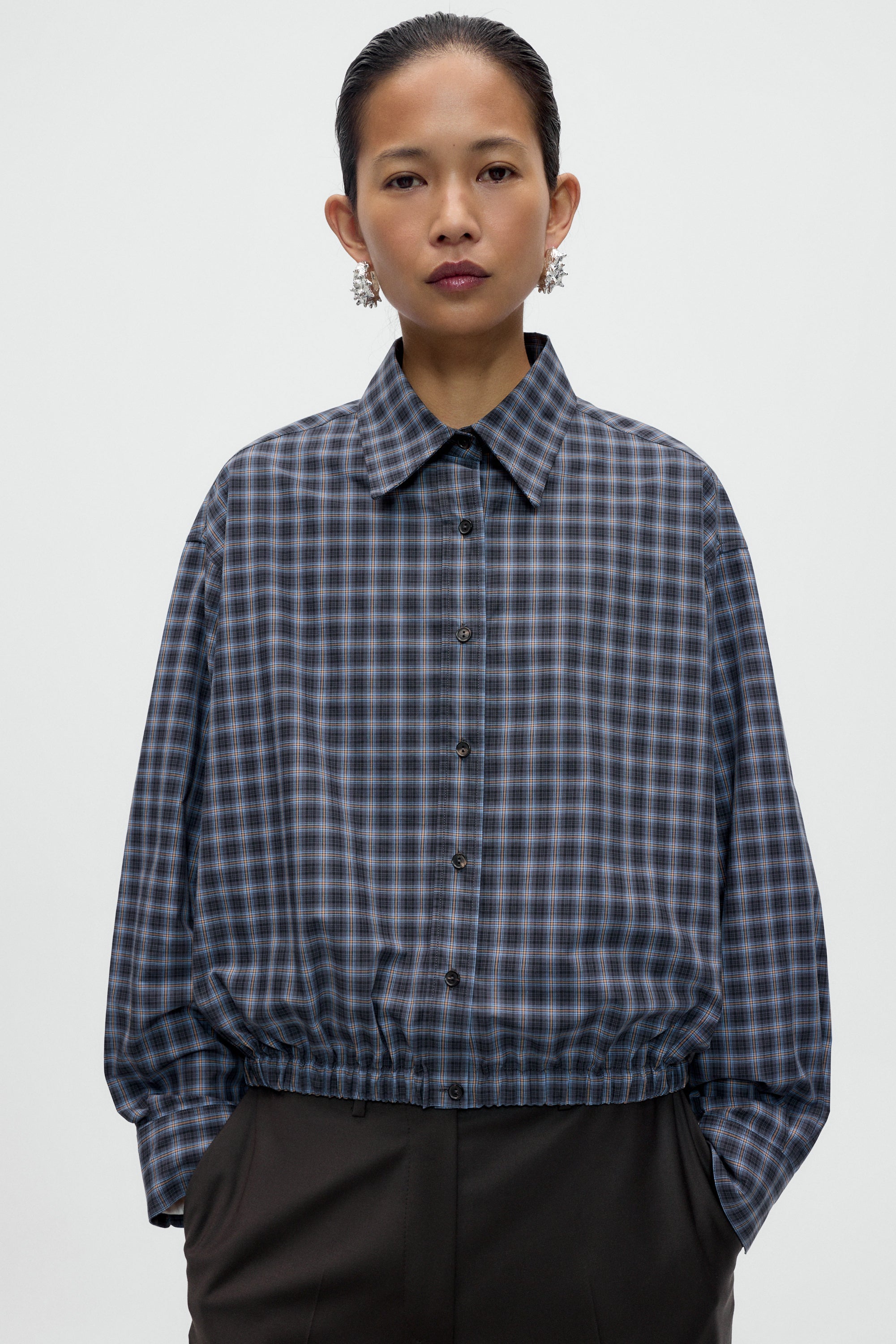 Navy And Orange Checked Bomber Shirt