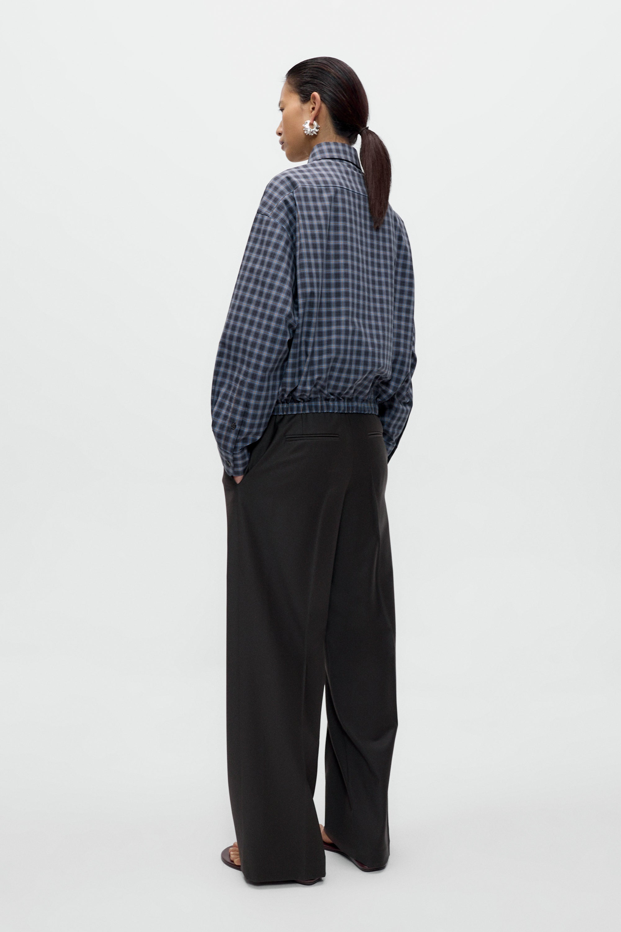 Navy And Orange Checked Bomber Shirt