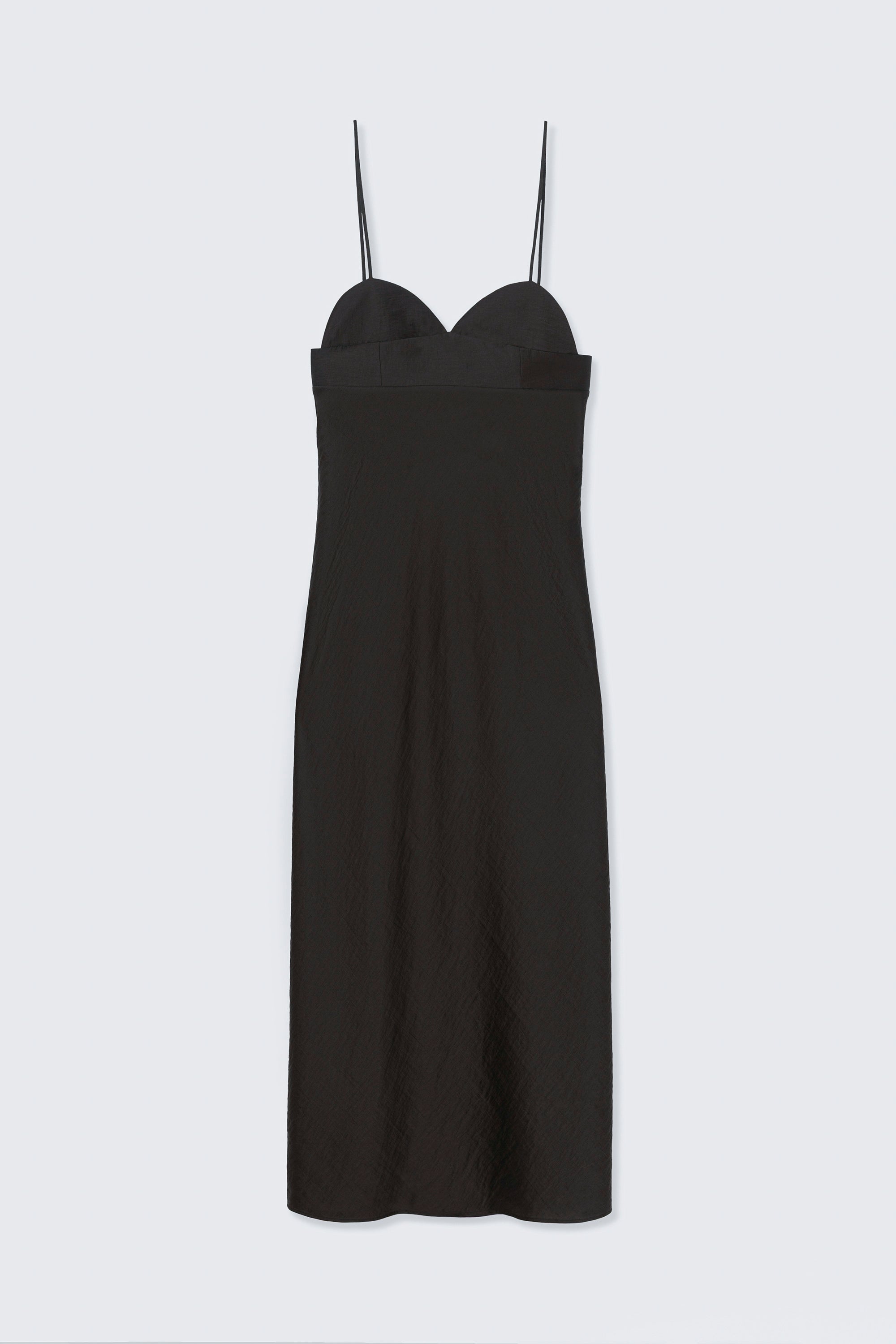 Full length back view of chic and contemporary spring and summer fashion in a Cordera SS26 Espresso Heart Shaped Dress featuring a sweetheart neckline and delicate spaghetti straps. The back is fitted with elastic for comfort, while the straight hem enhances its clean, timeless silhouette at an Alas Eius store. Made in Spain. 