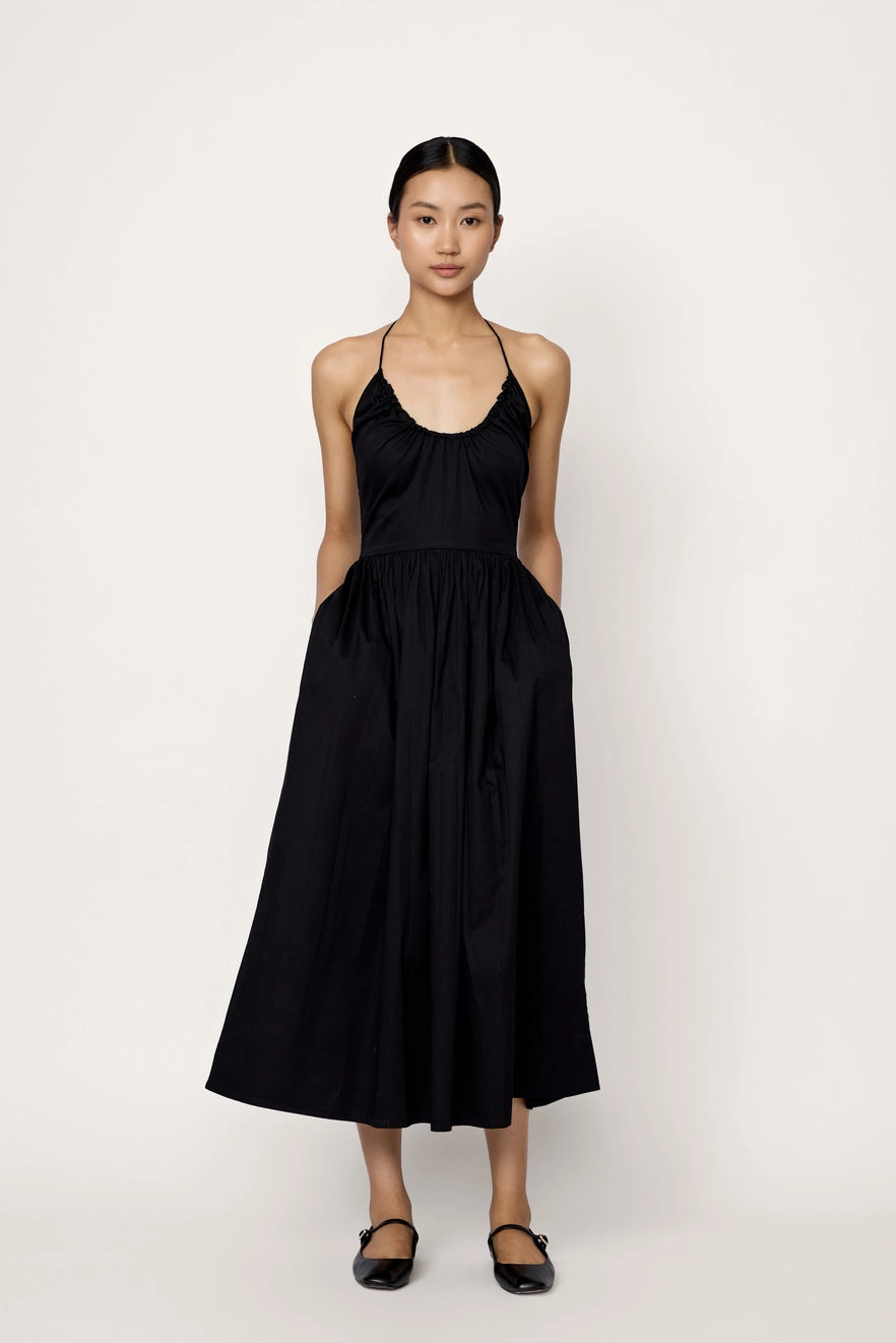 Black Organic Cotton Halter Midi Dress