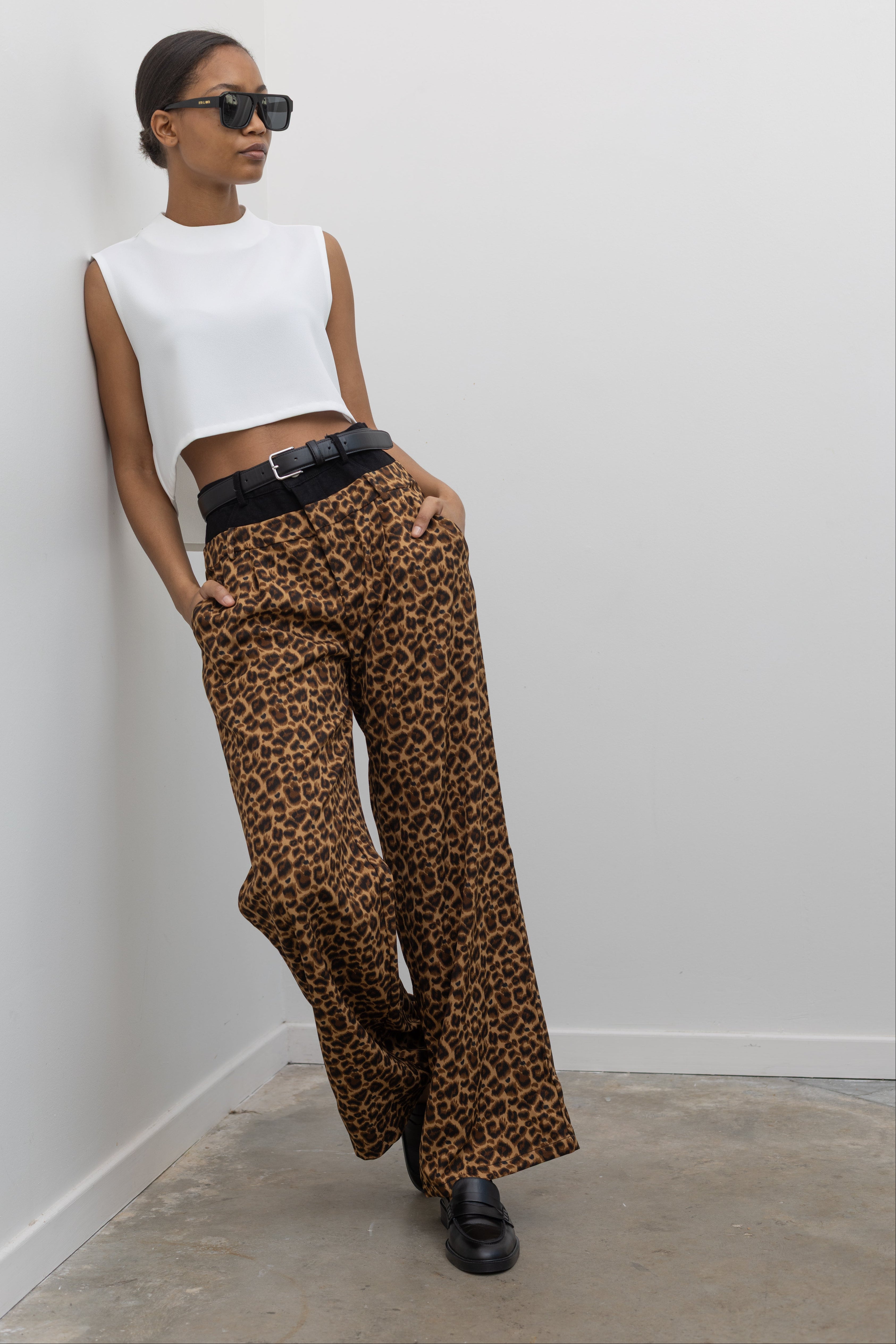 black denim waistband leopard pants