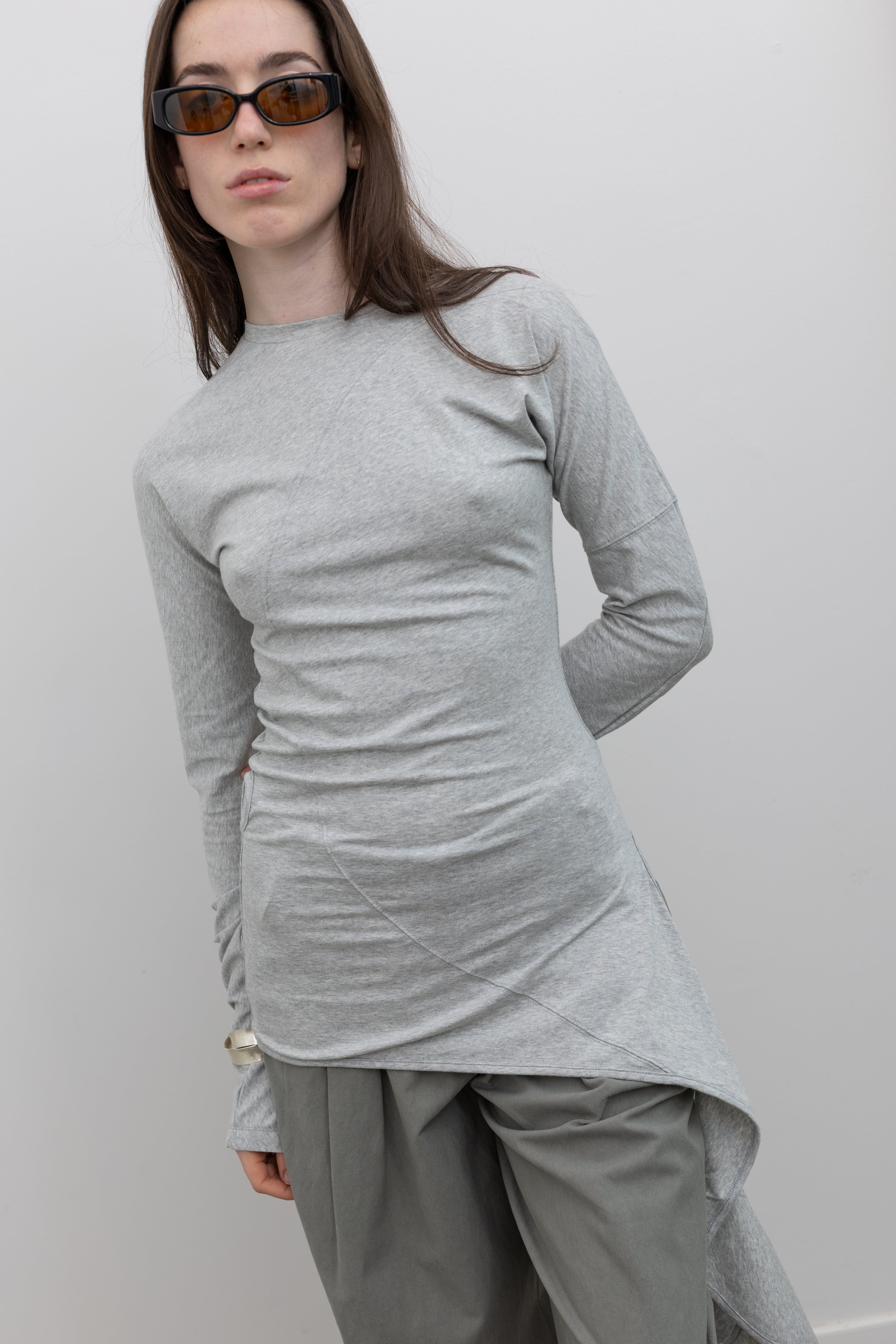 Gray Wrap Long-Sleeve T-Shirt by Low Classic, modern fitted top for an elevated fall winter wardrobe at Alas Eius
