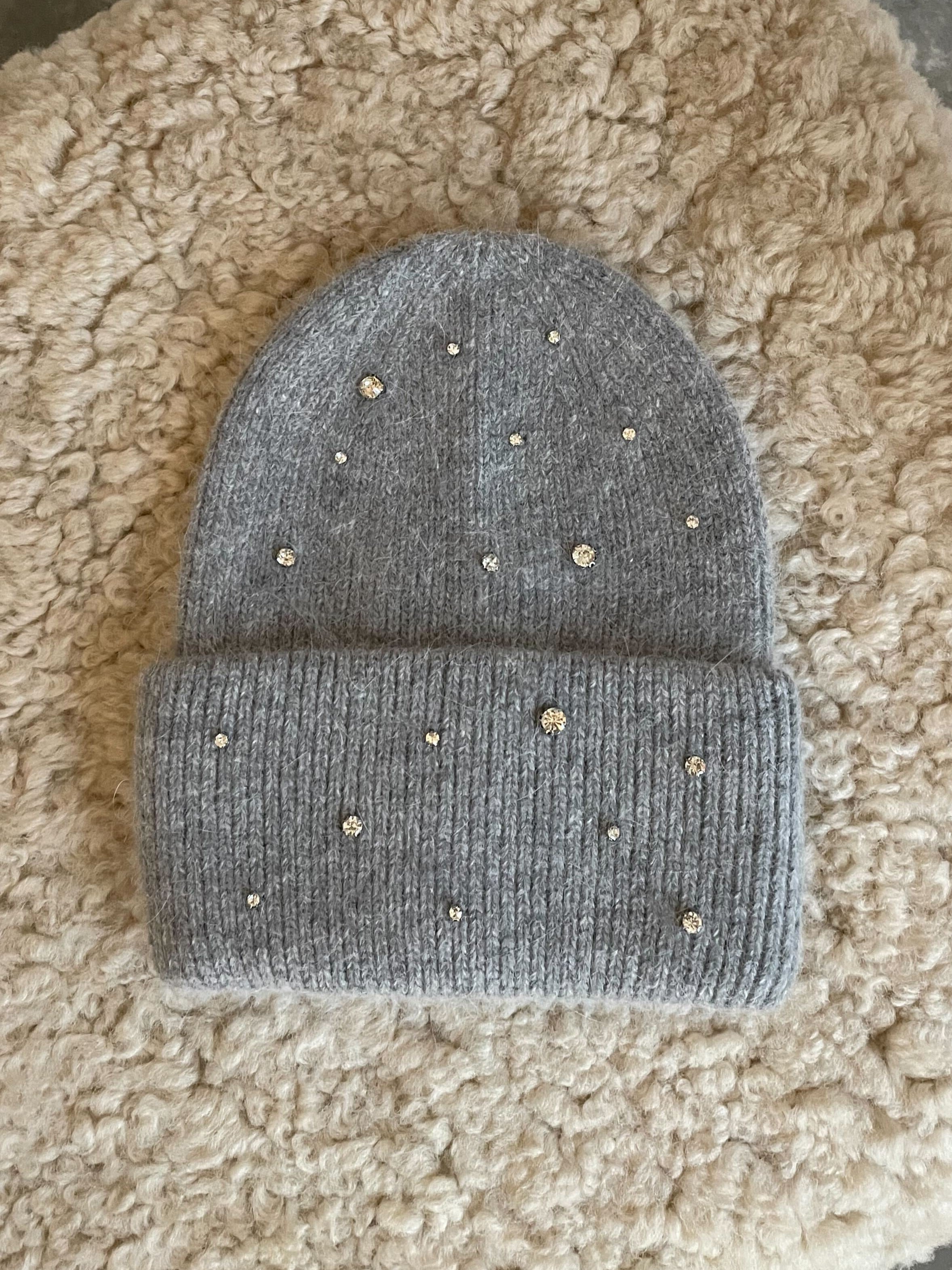 Grey Crystal Embellished Angora Beanie