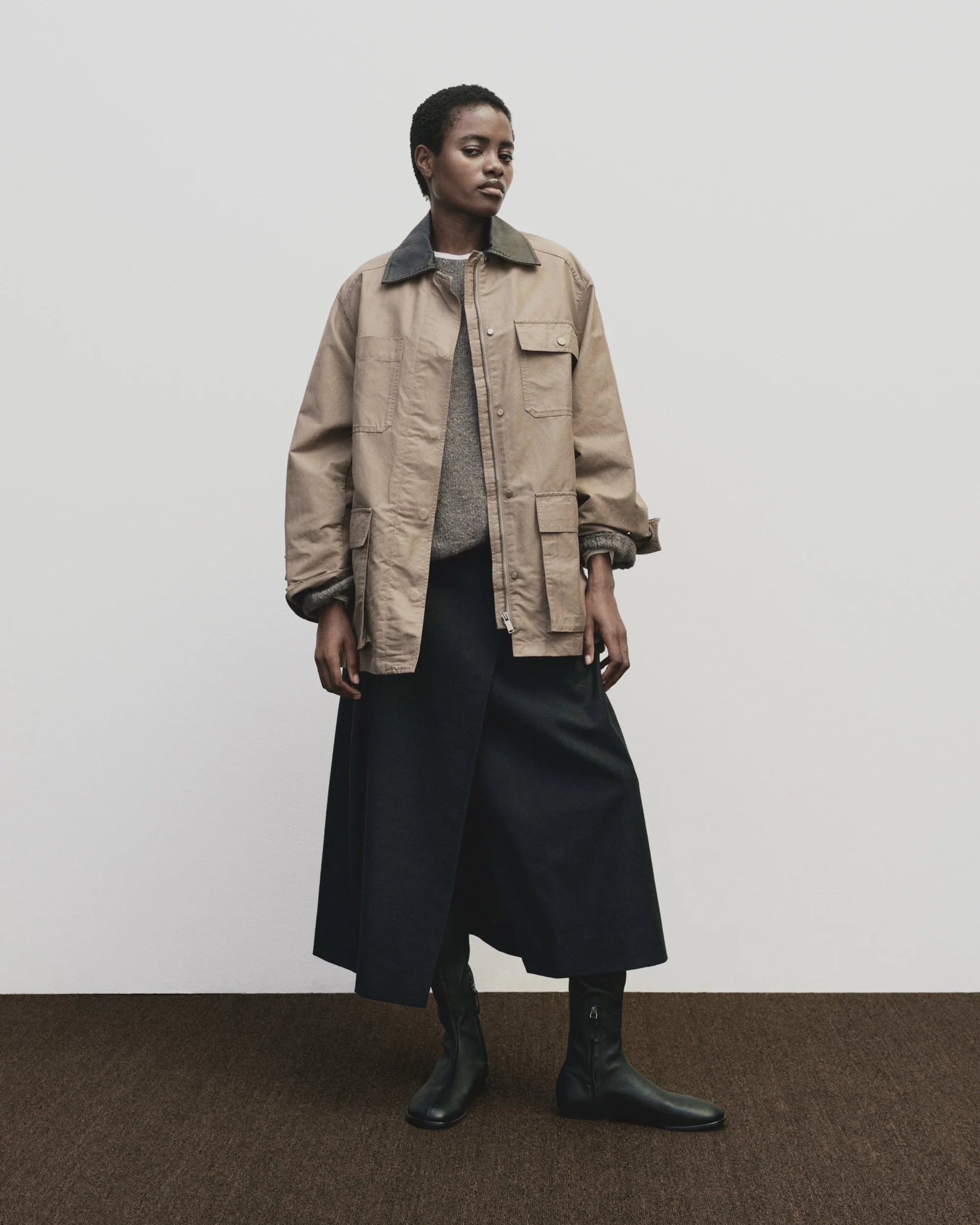 Dark Beige Contrast Collar Work Jacket