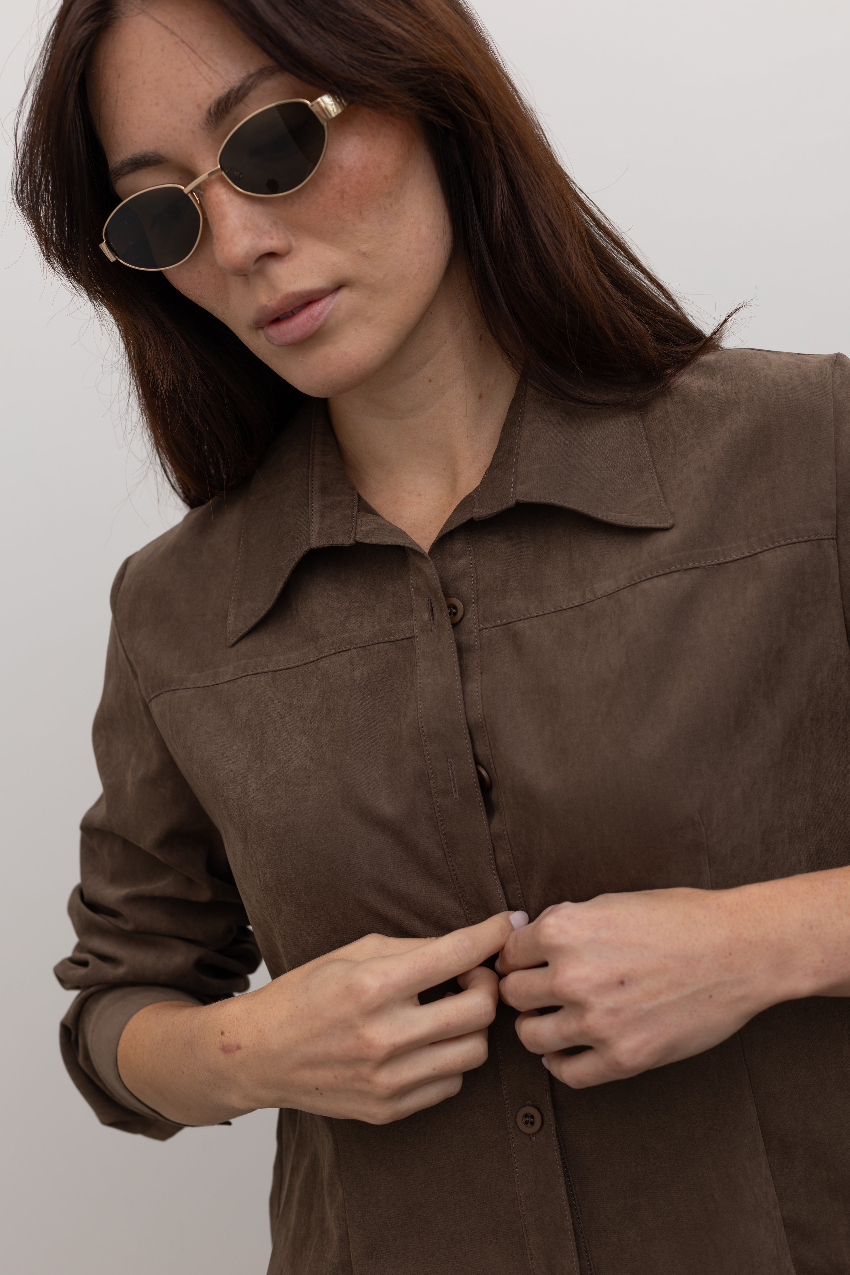 Low Classic Brown Button Up Shirt Contemporary Fashion at Alas Eius