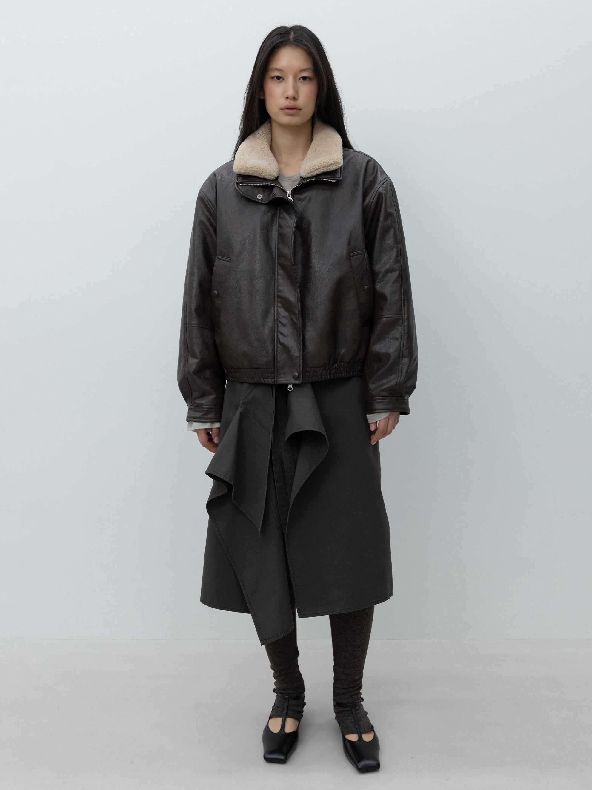 Low Classic Brown Fur-Collar Jacket, vegan leather outerwear with plush faux fur collar for elevated fall layering at Alas Eius