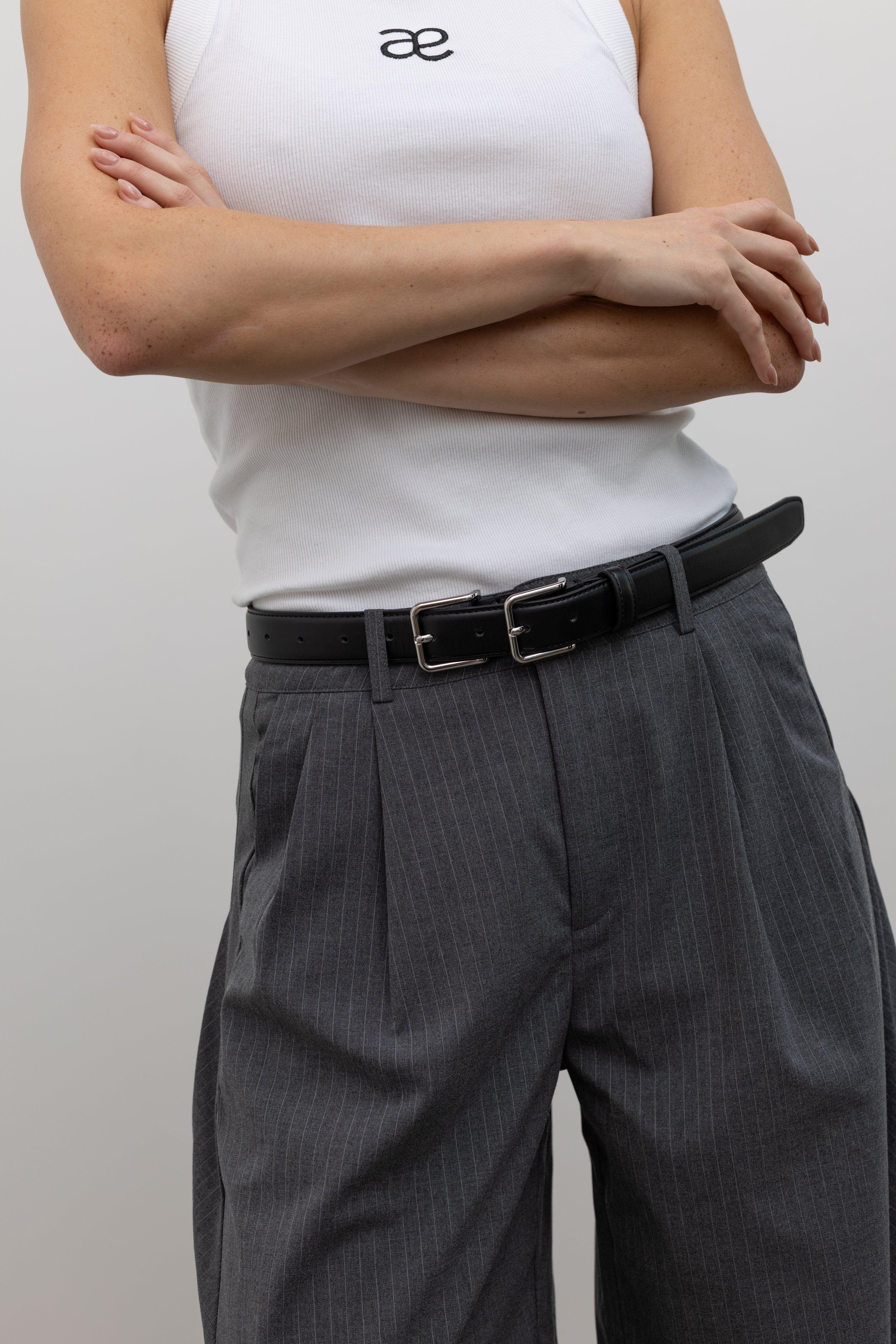 Maslo Black Leather Double Buckle Belt with Silver Hardware at Alas Eius