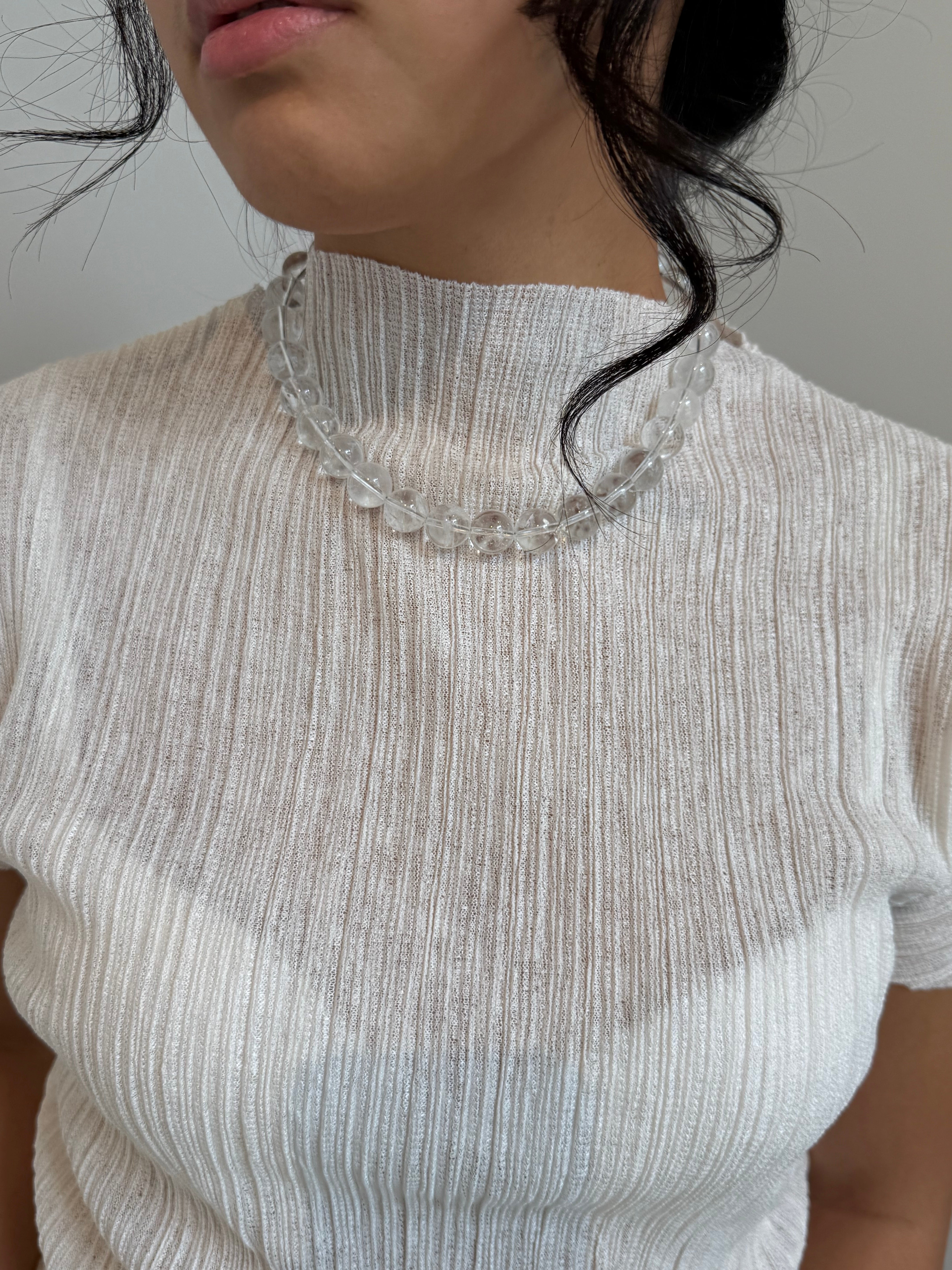 Maslo clear quartz gemstone necklace with polished sterling silver clasp at Alas Eius