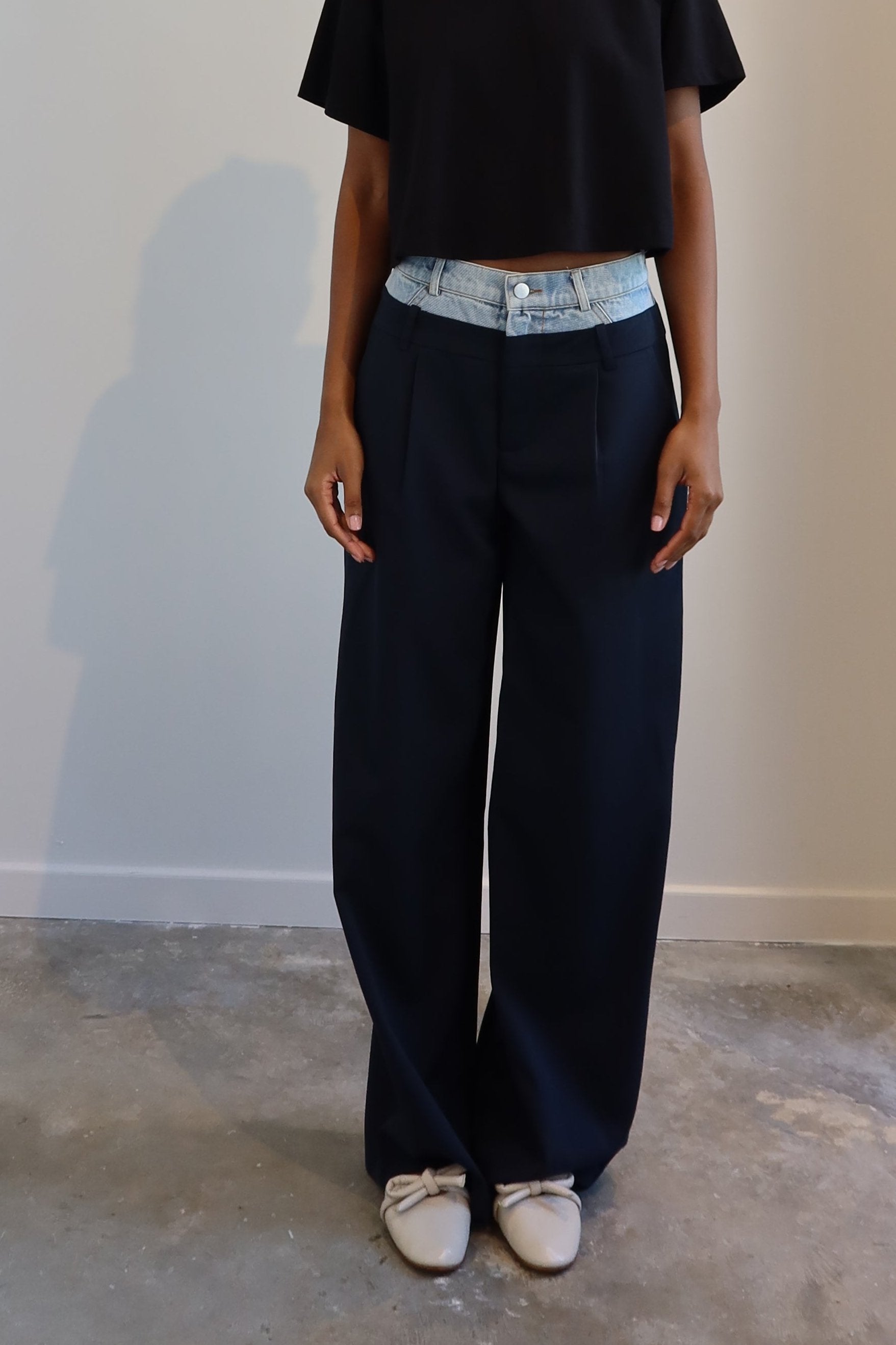 long navy trousers with denim waistband at alas eius