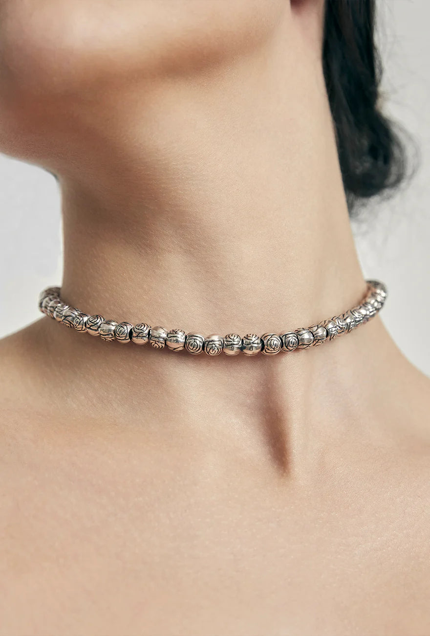 Noisette Silver Bead And Silk Cord Collar Necklace