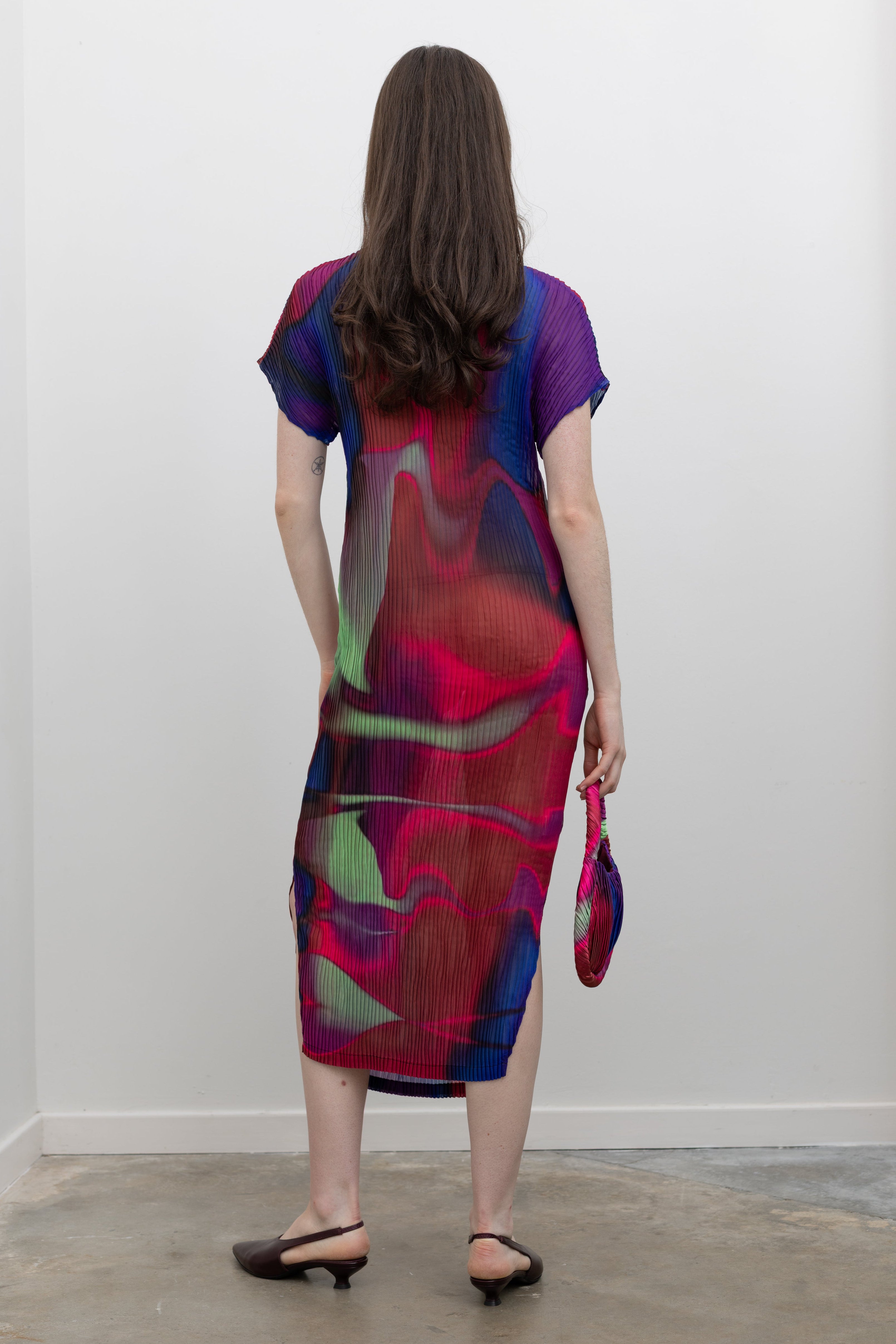 Nin Studio artistic wave pleat dress with textured fabric, below-the-knee length, and expressive silhouette, a unique women's fashion statement piece at Alas Eius