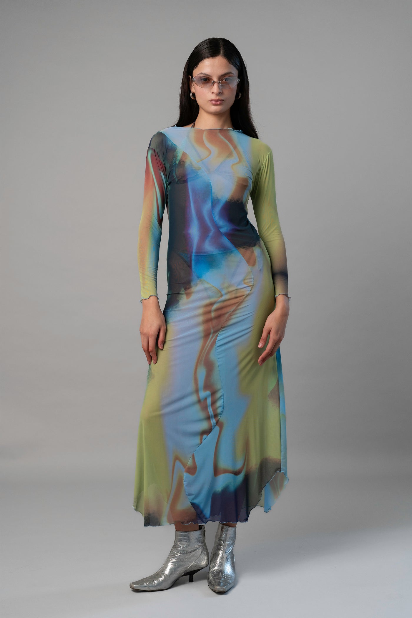 Nin Studio Openfield Swirl Dress combining artistic print, sculpted curves, and graceful movement, a contemporary women's luxury fashion piece at Alas Eius
