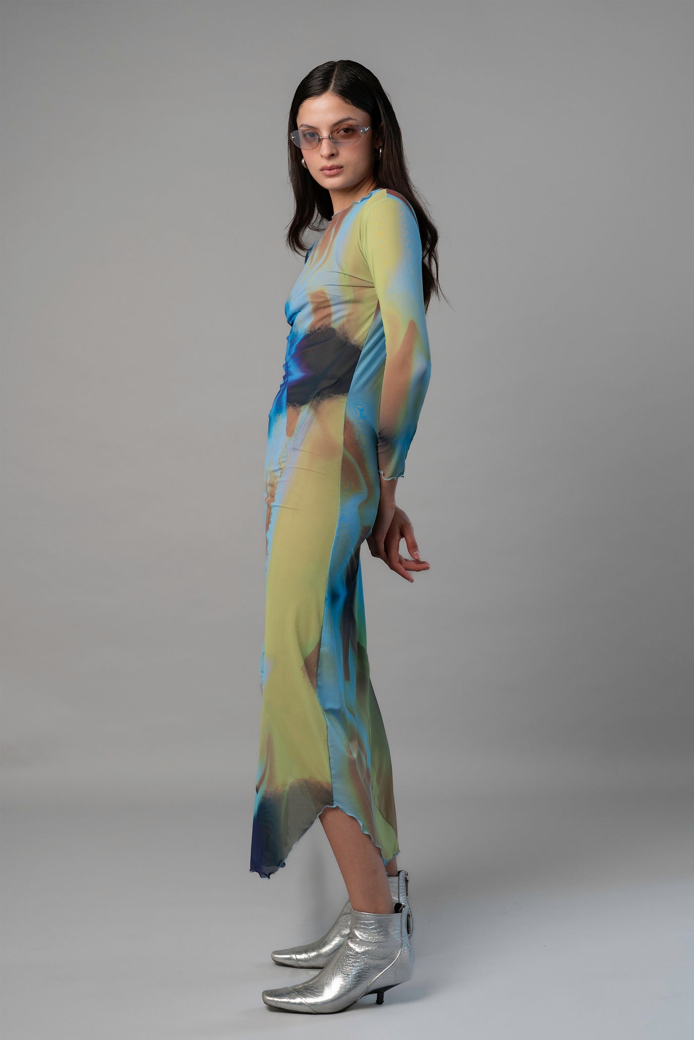 Nin Studio Openfield Swirl Dress in a striking printed design with fluid lines and open side detailing, a fashion-forward women's statement dress at Alas Eius