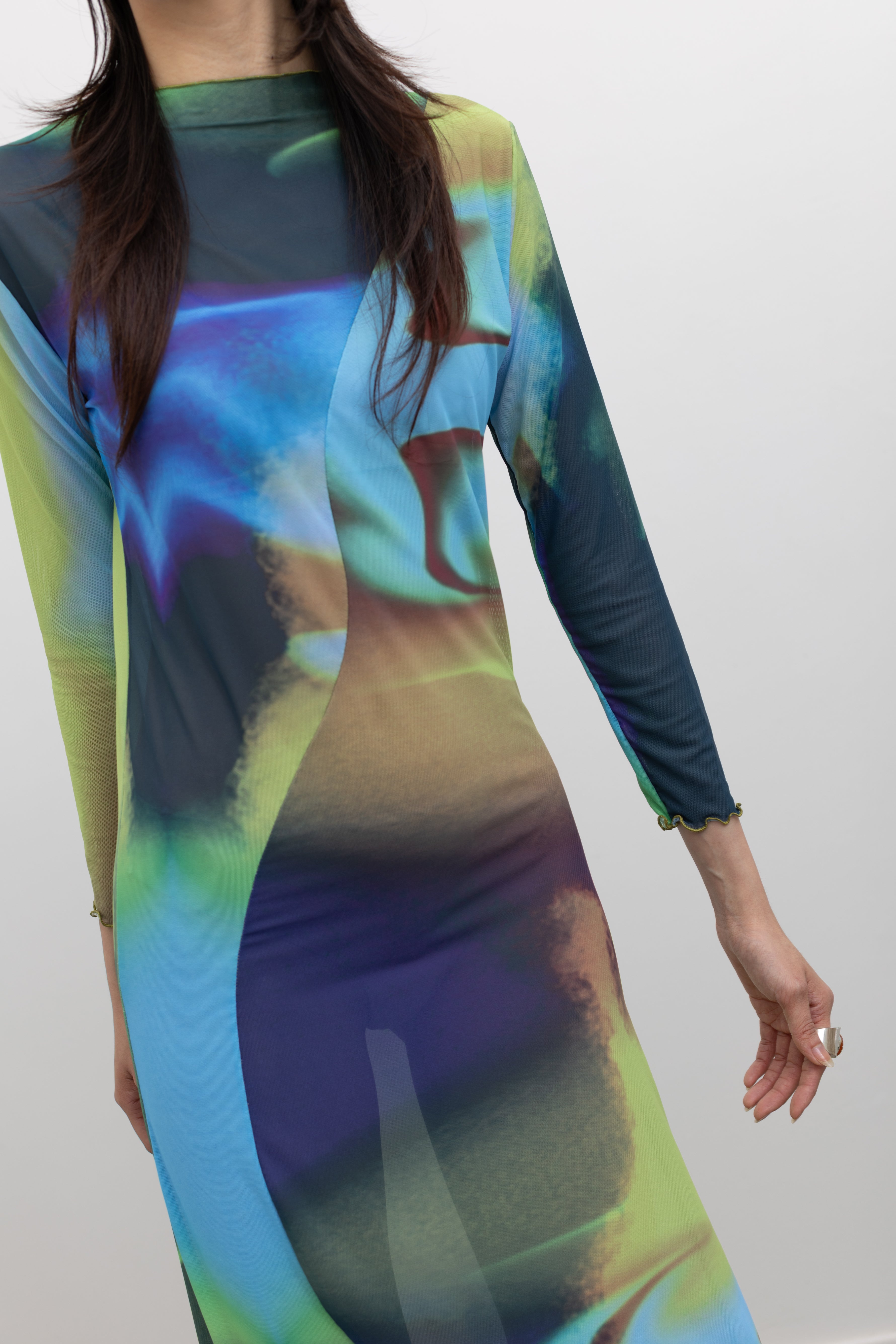 Nin Studio Openfield Swirl Dress with long sleeves, sculpted fit, and artistic swirl print, blending modern women's fashion with elevated statement dressing at Alas Eius